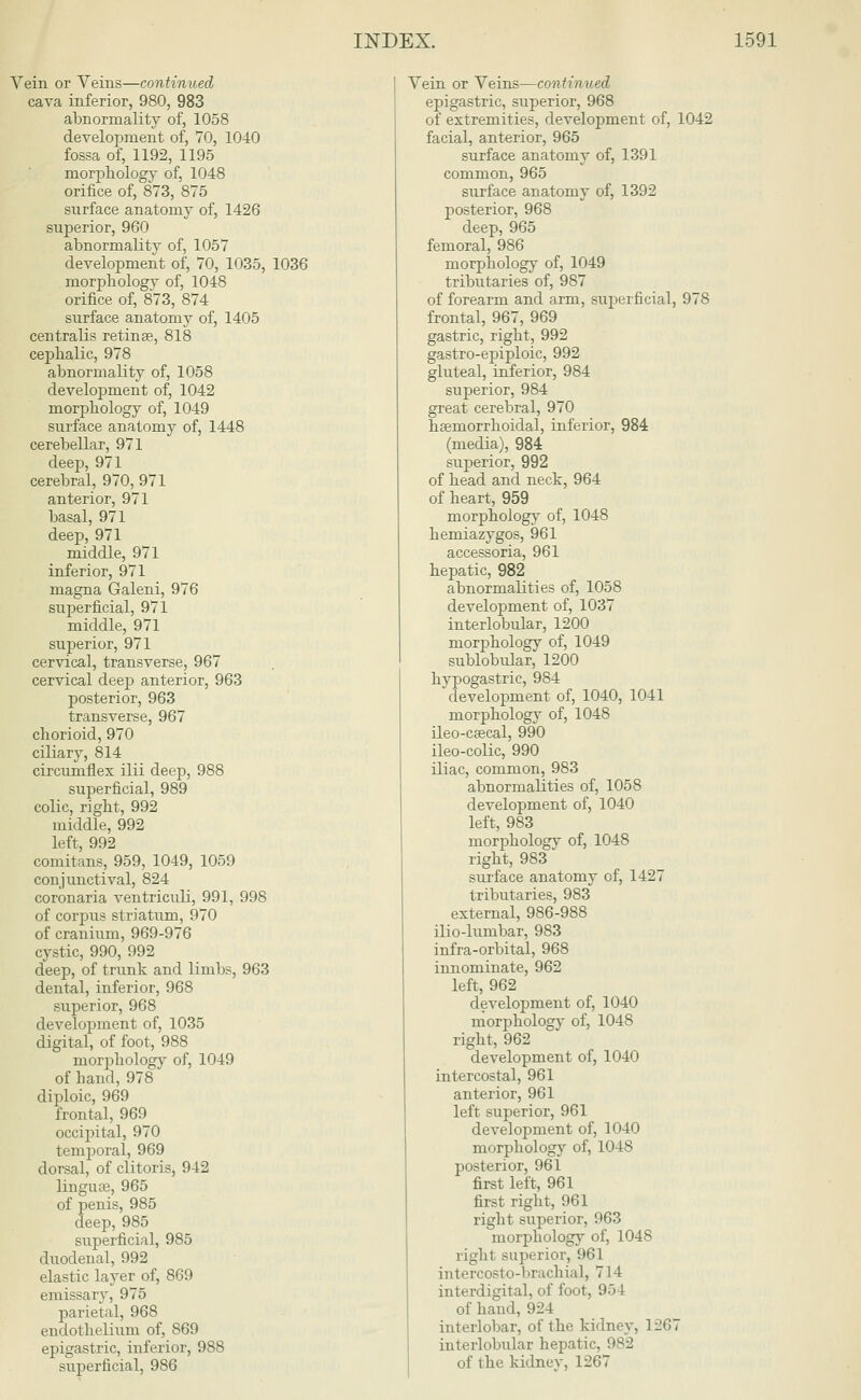Vein or Veins—continued cava inferior, 980, 983 abnormality of, 1058 development of, 70, 1040 fossa of, 1192, 1195 morphology of, 1048 orifice of, 873, 875 surface anatomy of, 1426 superior, 960 abnormality of, 1057 development of, 70, 1035, 1036 morpbologv of, 1048 orifice of, 873, 874 surface anatomy of, 1405 centralis retina?, 818 cephalic, 978 abnormality of, 1058 development of, 1042 morphology of, 1049 surface anatomy of, 1448 cerebellar, 971 deep, 971 cerebral, 970, 971 anterior, 971 basal, 971 deep, 971 middle, 971 inferior, 971 magna Galeni, 976 superficial, 971 middle, 971 superior, 971 cervical, transverse, 967 cervical deep anterior, 963 posterior, 963 transverse, 967 chorioid, 970 ciliary, 814 circumflex ilii deep, 988 superficial, 989 colic, right, 992 middle, 992 left, 992 comitans, 959, 1049, 1059 conjunctival, 824 coronaria ventriculi, 991, 998 of corpus striatum, 970 of cranium, 969-976 cystic, 990, 992 deep, of trunk and limbs, 963 dental, inferior, 968 superior, 968 development of, 1035 digital, of foot, 988 morphology of, 1049 of hand, 978 diploic, 969 frontal, 969 occipital, 970 temporal, 969 dorsal, of clitoris, 942 linguae, 965 of penis, 985 deep, 985 superficial, 985 duodenal, 992 elastic layer of, 869 emissary, 975 parietal, 968 endothelium of, 869 epigastric, inferior, 988 superficial, 986 Vein or Veins—continued epigastric, superior, 968 of extremities, development of, 1042 facial, anterior, 965 surface anatomy of, 1391 common, 965 surface anatomy of, 1392 posterior, 968 deep, 965 femoral, 986 morphology of, 1049 tributaries of, 987 of forearm and arm, superficial, 978 frontal, 967, 969 gastric, right, 992 gastro-epiploic, 992 gluteal, inferior, 984 superior, 984 great cerebral, 970 hsemorrhoidal, inferior, 984 (media), 984 superior, 992 of head and neck, 964 of heart, 959 morphology of, 1048 hemiazygos, 961 accessoria, 961 hepatic, 982 abnormalities of, 1058 development of, 1037 interlobular, 1200 morphology of, 1049 sublobular, 1200 hypogastric, 984 development of, 1040, 1041 morphology of, 1048 ileo-caecal, 990 ileo-colic, 990 iliac, common, 983 abnormalities of, 1058 development of, 1040 left, 983 morphology of, 1048 right, 983 surface anatomy of, 1427 tributaries, 983 external, 986-988 ilio-lumbar, 983 infra-orbital, 968 innominate, 962 left, 962 development of, 1040 morphology of, 1048 right, 962 development of, 1040 intercostal, 961 anterior, 961 left superior, 961 development of, 1040 morphology of, 1048 posterior, 961 first left, 961 first right, 961 right superior, 963 morphology of, 1048 right superior, 961 intercosto-brachial, 714 interdigital, of foot, 9.> I of hand, 924 interlobar, of the kidney, 1267 interlobular hepatic, 982 of the kidney, 1267