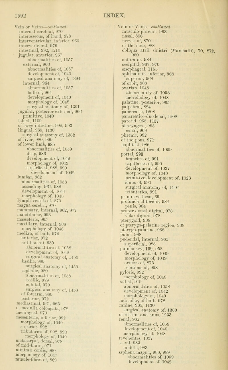 Vein or Vein?—continued internal cerebral, 970 interosseous, of hand, 978 interventricular, inferior, 960 intervertebral, 976 intestinal, 992, 1210 jugular, anterior, 967 abnormalities of, 1057 external, 966 abnormalities of, 1057 development of, 1040 surgical anatomy of, 1394 internal, 964 abnormalities of, 1057 bulb of, 964 development of, 1040 morphology of, 1048 surgical anatomy of, 1391 jugular, posterior external, 966 primitive, 1040 labial, 1109 of large intestine, 992, 993 lingual, 965, 1130 surgical anatomy of, 1382 of liver, 980, 990 of lover limb, 985 abnormalities of, 1059 deep, 986 development of, 1042 morpbology of, 1049 superficial, 988, 990 development of, 1042 lumbar, 982 abnormalities of, 1058 ascending, 961, 982 development of, 1041 morpbology of, 1048 lymph vessels of, 870 magna cerebri, 970 mammary, internal, 962, 977 mandibular, 993 masseteric, 965 maxillary, internal, 968 morphology of, 1048 median, of bulb, 972 anterior, 972 antibrachii, 980 abnormalities of, 1058 development of, 1042 surgical anatomy of, 1450 basilic, 980 surgical anatomy of, 1450 cephalic, 980 abnormalities of, 1058 basilic, 979 cubital, 979 surgical anatomy of, 1450 of forearm, 980 posterior, 972 mediastinal, 961, 963 of medulla oblongata, 972 meningeal, 970 mesenteric, inferior, 992 morphology of, 1049 superior, 992 tributaries of, 992, 993 morphology of, 1049 metacarpal, dorsal, 978 of mid-brain, 971 minima? cordis, 960 morphology of, 1047 muscle-fibres of, 869 Vein or Veins—continued musculo-phrenic, 963 nasal, 806 nerves of, 870 of the nose, 988 obliqua atrii sinistri (Marshalli), 70, 872, 960 obturator, 984 occipital, 967, 970 oesophageal, 1155 ophthalmic, inferior, 968 superior, 968 of orbit, 968 ovarian, 1048 abnormality of, 1058 morphology of, 1048 palatine, posterior, 965 palpebral, 824 pancreatic, 1208 pancreati co-duodenal, 1208 parotid, 965, 1137 pharyngeal, 965 canal, 968 phrenic, 982 of the pons, 971 popliteal, 986 abnormalities of, 1059 portal, 990 branches of, 991 capillaries of, 990 development of, 1037 morphology of, 1048 primitive development of, 1026 sinus of, 990 surgical anatomy of, 1416 tributaries, 991 primitive head, 69 profunda clitoridis, 984 penis, 984 proper dorsal digital, 978 volar digital, 978 pterygoid, 968 of pterygo-palatine region, 968 pterygo-palatine, 968 pubic, 988 pudendal, internal, 985 superficial, 988 pulmonary, 109, 958 development of, 1049 morphology of, 1049 orifices of, 875 relations of, 958 pyloric, 992 morphology of, 1048 radial, 919 abnormalities of, 1058 development of, 1042 morphology of, 1049 radicular, of bulb, 972 ranine, 965, 1130 surgical anatomy of, 1383 of rectum and anus, 1233 renal, 982 abnormalities of, 1058 development of, 1040 morphology of, 1048 revehentes, 1037 sacral, 983 middle, 983 saphena magna, 988, 989 abnormalities of, 1059 development of, 1042