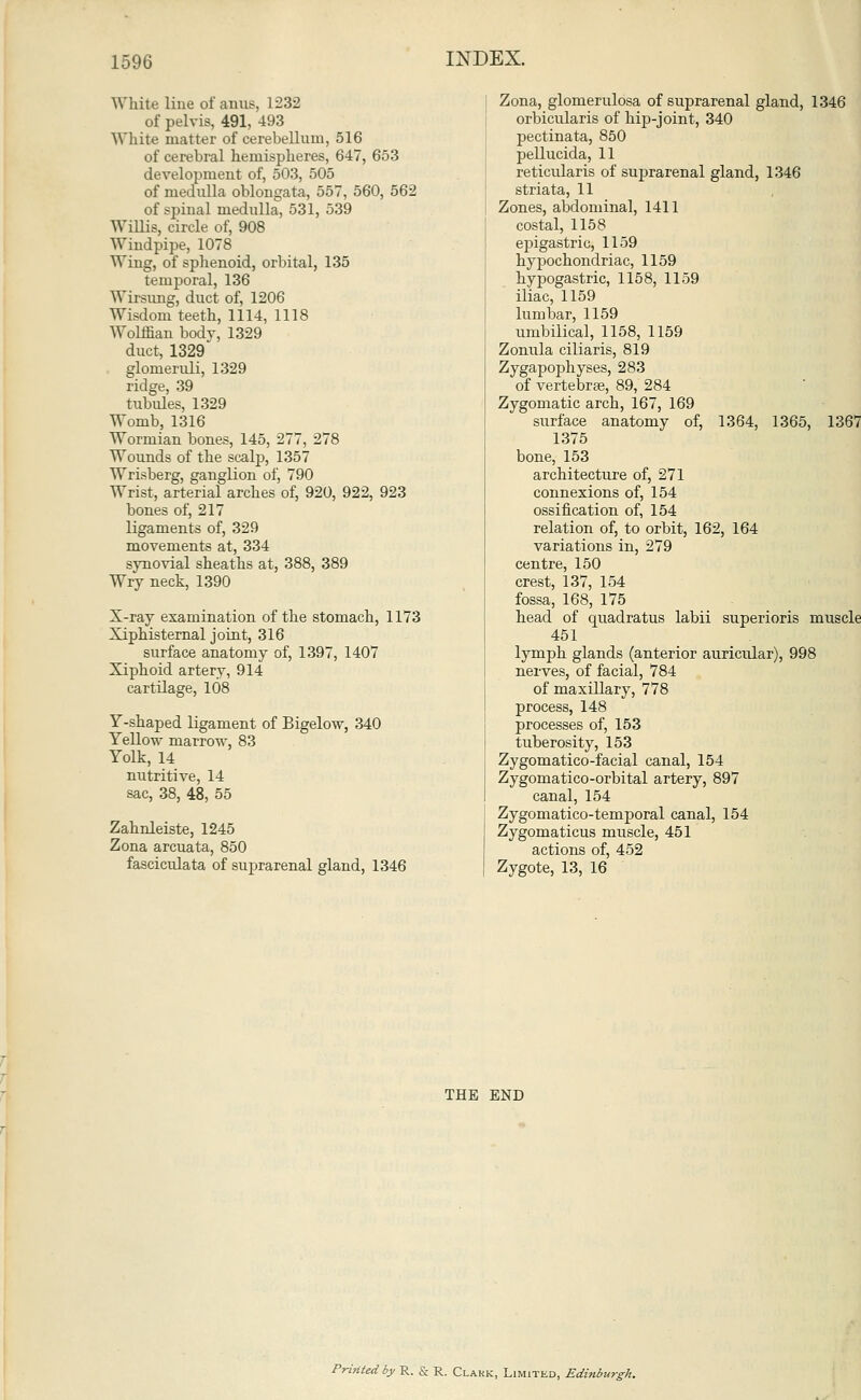White line of anus, 1:23:2 of pelvis, 491, 493 White matter of cerebellum, 516 of cerebral hemispheres, 647, 653 development of, 503, 505 of medulla oblongata, 557, 560, 562 of spinal medulla, 531, 539 Willis, circle of, 908 Windpipe, 1078 Wing, of sphenoid, orbital, 135 temporal, 136 Wirsung, duct of, 1206 Wisdom teeth, 1114, 1118 Wolffian body, 1329 duct, 1329 glomeruli, 1329 ridge, 39 tubules, 1329 Womb, 1316 Wormian bones, 145, 277, 278 Wounds of the scalp, 1357 Wrisberg, ganglion of, 790 Wrist, arterial arches of, 920, 922, 923 bones of, 217 ligaments of, 329 movements at, 334 synovial sheaths at, 388, 389 Wry neck, 1390 X-ray examination of the stomach, 1173 Xiphisternal joint, 316 surface anatomy of, 1397, 1407 Xiphoid artery, 914 cartilage, 108 Y-shaped ligament of Bigelow, 340 Yellow marrow, 83 Yolk, 14 nutritive, 14 sac, 38, 48, 55 Zahnleiste, 1245 Zona arcuata, 850 fasciculata of suprarenal gland, 1346 Zona, glomerulosa of suprarenal gland, 1346 orbicularis of hip-joint, 340 pectinata, 850 pellucida, 11 reticularis of suprarenal gland, 1346 striata, 11 Zones, abdominal, 1411 costal, 1158 epigastric, 1159 hypochondriac, 1159 hypogastric, 1158, 1159 iliac, 1159 lumbar, 1159 umbilical, 1158, 1159 Zonula ciliaris, 819 Zygapophyses, 283 of vertebrae, 89, 284 Zygomatic arch, 167, 169 surface anatomy of, 1364, 1365, 1367 1375 bone, 153 architecture of, 271 connexions of, 154 ossification of, 154 relation of, to orbit, 162, 164 variations in, 279 centre, 150 crest, 137, 154 fossa, 168, 175 head of quadratus labii superioris muscle 451 lymph glands (anterior auricular), 998 nerves, of facial, 784 of maxillary, 778 process, 148 processes of, 153 tuberosity, 153 Zygomatico-facial canal, 154 Zygomatico-orbital artery, 897 canal, 154 Zygomatico-temporal canal, 154 Zygomaticus muscle, 451 actions of, 452 te, 13, 16 THE END Printed by R. & R. Clark, Limited, Edinburgh.
