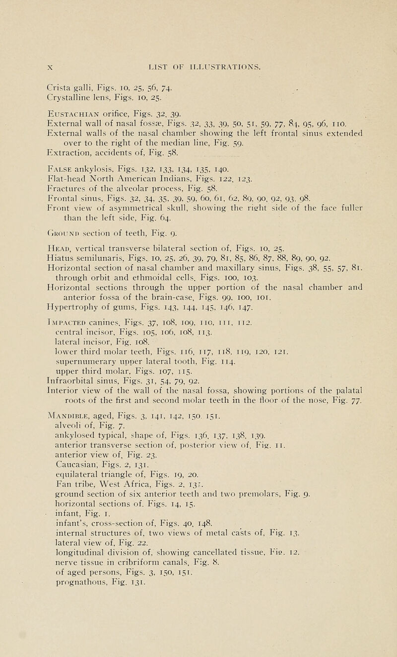 Crista galli, Figs. lo, 25, 56, 74. Crystalline lens, Figs. 10, 25. Eustachian orifice, Figs. 32, 39. External wall of nasal fossae. Figs. 32, 33, 39, 50, 51, 59, yy, 8.1, 95, 96, no. External walls of the nasal chamber showing the left frontal sinus extended over to the right of the median line, Fig. 59. Extraction, accidents of, Fig. 58. False ankylosis, Figs. 132, 133, 134, 135, 140. Flat-head North American Indians, Figs. 122, 123. Fractures of the alveolar process, Fig. 58. Frontal sinus. Figs. 32, 34, 35, 39, 59, 60, 61, 62, 89, 90, 92, 93, 98. Front view of asymmetrical skull, showing the rieht side of the face fuller than the left side. Fig. 64. Ground section of teeth. Fig. 9. Head, vertical transverse bilateral section of. Figs. 10, 25. Hiatus semilunaris. Figs. 10, 25, 26, 39, 79, 81, 8s, 86, 87, 88, 89, 90, 92. Horizontal section of nasal chamber and maxillary sinus, Figs. 38, 55, 57, 81. through orbit and ethmoidal cells. Figs. 100, 103. Horizontal sections through the upper portion of the nasal chamber and anterior fossa of the brain-case, Figs. 99, 100, loi. Hypertrophy of gums. Figs. 143, 144, 145, 146, 147. Impacted canines. Figs. 37, 108, 109, no, iti, it2. central incisor, Figs. 105, 106, 108, 113. lateral incisor. Fig. 108. lower third molar teeth. Figs. 116, 117, 118. 119, 120, I2T. supernumerary upper lateral tooth. Fig. 114. upper third molar. Figs. 107, ns. Infraorbital sinus, Figs. 31, 54, 79, 92. Interior view of the wall of the nasal fossa, showing portions of the palatal roots of the first and second molar teeth in the floor of the nose. Fig. 77. Mandible, aged. Figs. 3, 141, 142, 150. 151. alveoli of. Fig. 7. ankylosed typical, shape of. Figs. 136, 137, 138, 139. anterior transverse section of, posterior view of, Fig. 11. anterior view of. Fig. 23. Caucasian; Figs. 2, 131. equilateral triangle of. Figs. 19, 20. Fan tribe. West Africa, Figs. 2, 131. ground section of six anterior teeth and two premolars, Fig. 9. horizontal sections of. Figs. 14, 15. • infant. Fig. i. infant's, cross-section of, Figs. 40, 148. internal structures of, two views of metal casts of. Fig. 13. lateral view of. Fig. 22. longitudinal division of, showing cancellated tissue, Fis. 12. nerve tissue in cribriform canals. Fig. 8. of aged persons. Figs. 3, 150, 151. prognathous, Fig. 131.