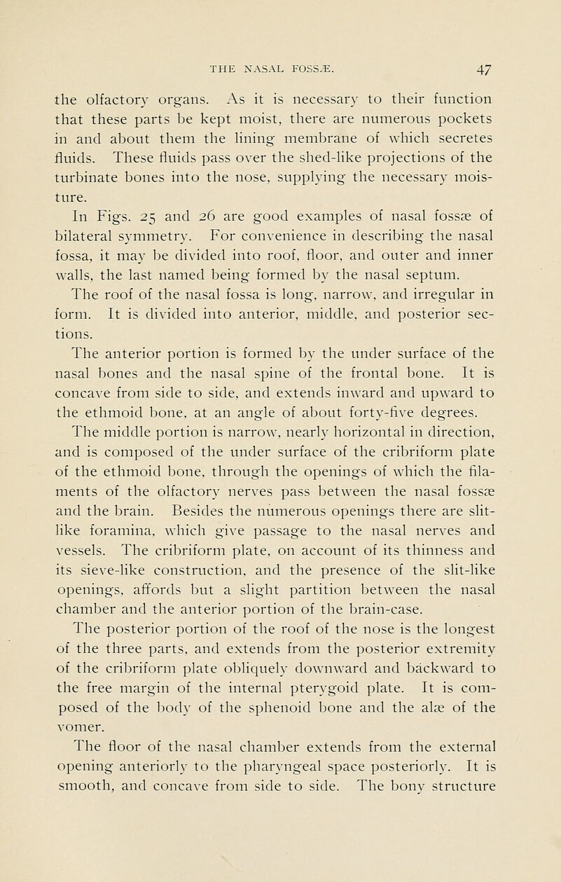 the olfactory organs. As it is necessary to their function that these parts be kept moist, there are numerous pockets in and about them the hning membrane of which secretes fluids. These fluids pass over the shed-hke projections of the turbinate bones into the nose, supplying the necessary mois- ture. In Figs. 25 and 26 are good examples of nasal fossae of bilateral symmetry. For convenience in describing the nasal fossa, it may be divided into roof, floor, and outer and inner walls, the last named being formed by the nasal septum. The roof of the nasal fossa is long, narrow, and irregular in form. It is divided into anterior, middle, and posterior sec- tions. The anterior portion is formed by the under surface of the nasal bones and the nasal spine of the frontal bone. It is concave from side to side, and extends inward and upward to the ethmoid bone, at an angle of about forty-five degrees. The middle portion is narrow, nearly horizontal in direction, and is composed of the under surface of the cribriform plate of the ethmoid bone, through the openings of which the fila- ments of the olfactory nerves pass between the nasal fossae and the brain. Besides the numerous openings there are slit- like foramina, which give passage to the nasal ner^^es and vessels. The cribriform plate, on account of its thinness and its sieve-like construction, and the presence of the slit-like openings, affords but a slight partition between the nasal chamber and the anterior portion of the brain-case. The posterior portion of the roof of the nose is the longest of the three parts, and extends from the posterior extremity of the cribriform plate obliquely downward and backward to the free margin of the internal pterygoid plate. It is com- posed of the body of the sphenoid bone and the alae of the vomer. The floor of the nasal chamber extends from the external opening anteriorly to the pharyngeal space posteriorly. It is smooth, and concave from side to side. The bonv structure