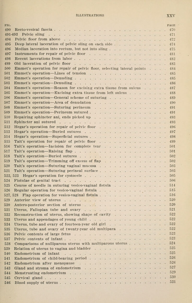 FIC;. PAGE 490 Recto-vesical fascia 470 491-493 Pelvic sling 471 494 Pelvic floor from above 472 495 Deep lateral laceration of pelvic sling on each side 474 496 Median laceration into rectum, but not into sling 475 497 Instruments for repair of pelvic floor 481 498 Recent lacerations from labor 482 499 Old laceration of pelvic floor 483 500 Emmet's operation for repair of pelvic floor, selecting lateral points .... 484 501 Emmet's operation—Lines of tension 485 502 Emmet's operation—Denuding 485 503 Emmet's operation—Denuding 48G 504 Emmet's operation—Reason for excising extra tissue from sulcus 487 505 Emmet's operation—Excising extra tissue from left sulcus 488 506 Emmet's operation—General scheme of suturing 489 507 Emmet's operation—Area of denudation 490 508 Emmet's operation—Suturing perineum 491 509 Emmet's operation—Periiieum sutured 491 510 Repairing sphincter ani, ends picked up 493 511 Sphincter ani sutured 493 512 Hegar's operation for repair of pelvic floor 496 513 Hegar's operation—Buried sutures 497 514 Hegar's operation—Superficial sutures 498 515 Tait's operation for repair of pelvic floor 499 516 Tait's operation—Incision for complete tear 501 517 Tait's operation—Raising flap 501 518 Tait's operation—Buried sutures 502 519 Tait's operation—Trimming off excess of flap 502 520 Tait's operation—Suturing vaginal mucosa 503 521 Tait's operation—Suturing perineal surface 503 522, 523 Hegar's operation for cystocele 505 524 Fistulae of genital tract 506 525 Course of needle in suturing vesico-vaginal flstula 514 526 Regular operation for vesico-vaginal fistula 515 527, 528 Flap operation for vesico-vaginal fistula 516 529 Anterior view of uterus 520 530 Antero-posterior section of uterus 520 531 Uterus, Fallopian tube and ovary 521 532 Reconstruction of uterus, showing shape of cavity 522 533 Uterus and appendages of young child 522 534 Uterus, tube and ovary of fourteen-year old girl 522 535 Uterus, tube and ovary of twenty-year old multipara 522 536 Pelvic contents of large fetus 523 537 Pelvic contents of infant 523 538 Comparisons of nulliparous uterus with multiparous uterus 524 539 Relation of uterus to vagina and bladder 525 540 Endometrium of infant 525 541 Endometrium of child-bearing period 526 542 Endometrium after menopause 526 543 Gland and stroma of endometrium 527 544 Menstruating endometrium 529 545 Cervical gland > 530 546 Blood supply of uterus 531