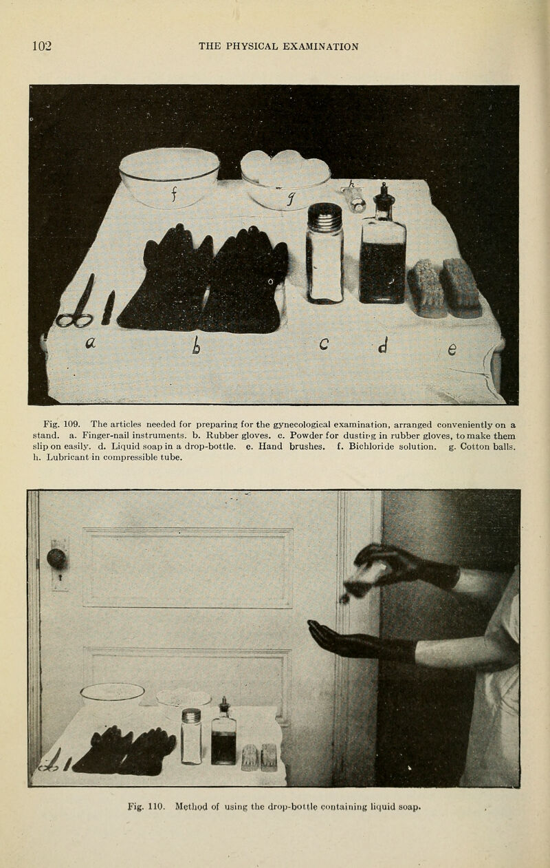 Fig. 109. The articles needed for preparing for the gynecological examination, arranged conveniently on a stand, a. Finger-nail instruments, b. Rubber gloves, c. Powder for dustir-g in rubber gloves, to make them slip on easily, d. Liquid soap in a drop-bottle, e. Hand brushes, f. Bichloride solution, g. Cotton balls, h. Lubricant in compressible tube. Fig- 110. Methpd of using the drop-bottle coijtainiiig licjuid soap.