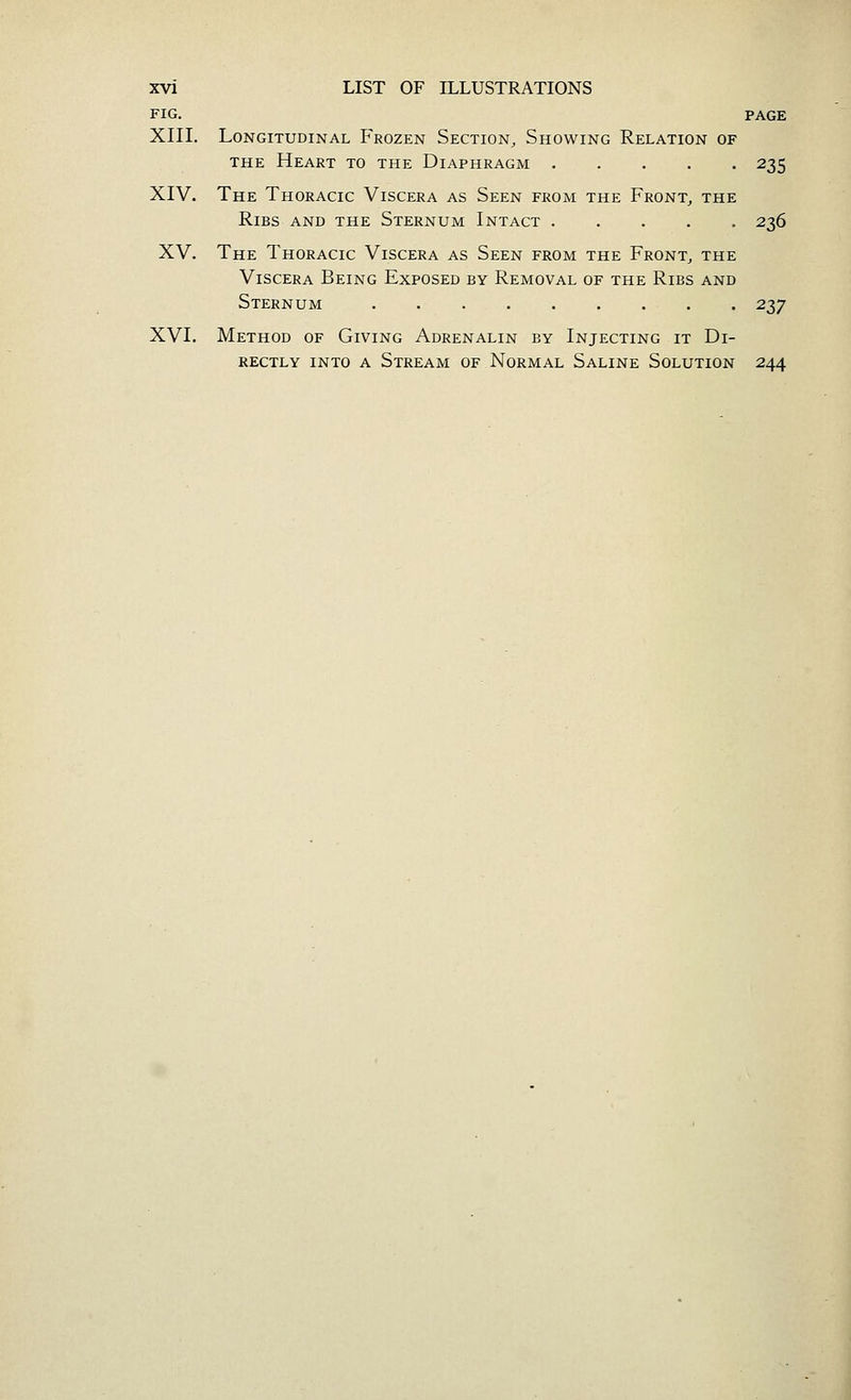 FIG. PAGE XIII. Longitudinal Frozen Section^ Showing Relation of THE Heart to the Diaphragm 235 XIV. The Thoracic Viscera as Seen from the Front^ the Ribs and the Sternum Intact ..... 236 XV. The Thoracic Viscera as Seen from the Front^ the Viscera Being Exposed by Removal of the Ribs and Sternum 237 XVI, Method of Giving Adrenalin by Injecting it Di- rectly INTO A Stream of Normal Saline Solution 244
