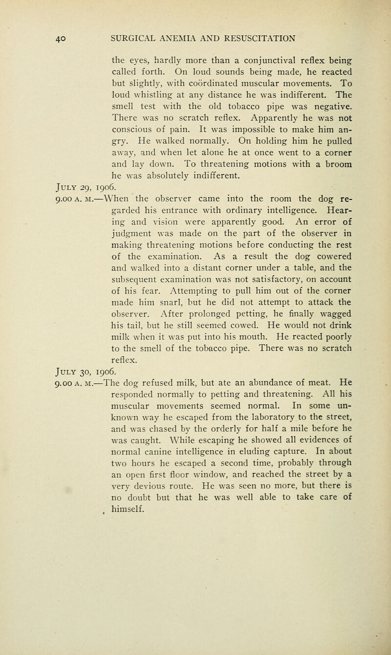 the eyes, hardly more than a conjunctival reflex being called forth. On loud sounds being made, he reacted but slightly, with coordinated muscular movements. To loud whistling at any distance he was indifferent. The smell test with the old tobacco pipe was negative. There was no scratch reflex. Apparently he was not conscious of pain. It was impossible to make him an- gry. He walked normally. On holding him he pulled away, and when let alone he at once went to a corner and lay down. To threatening motions with a broom he was absolutely indifferent. July 29, 1906. 9.00 A. M.—When the observer came into the room the dog re- garded his entrance with ordinary intelligence. Hear- ing and vision were apparently good. An error of judgment was made on the part of the observer in making threatening motions before conducting the rest of the examination. As a result the dog cowered and walked into a distant corner under a table, and the subsequent examination was not satisfactory, on account of his fear. Attempting to pull him out of the corner made him snarl, but he did not attempt to attack the observer. After prolonged petting, he finally wagged his tail, but he still seemed cowed. He would not drink milk when it was put into his mouth. He reacted poorly to the smell of the tobacco pipe. There was no scratch reflex. July 30, 1906. 9.00 A. M.—The dog refused milk, but ate an abundance of meat. He responded normally to petting and threatening. All his muscular movements seemed normal. In some un- known way he escaped from the laboratory to the street, and was chased by the orderly for half a mile before he was caught. While escaping he showed all evidences of normal canine intelligence in eluding capture. In about two hours he escaped a second time, probably through an open first floor window, and reached the street by a very devious route. He was seen no more, but there is no doubt but that he was well able to take care of himself.