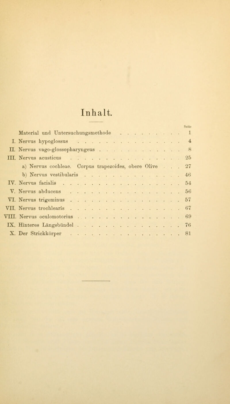 Inhalt. Seite Material und Untersuchungsmethode 1 I. Nervus hj^oglossus 4 II. Nervus vago-glossopharyngeus 8 III. Nervus acusticus 25 a) Nervus Cochleae. Corpus trapezoides, obere Olive ... 27 b) Nervus vestibularis 46 IV. Nervus facialis 54 V. Nervus abducens 56 VI. Nervus trigeminus 57 Vn. Nervus trocblearis 67 Vm. Nervus oculomotorius 69 IX. Hinteres Längsbündel 76 X. Der Strickkörper 81