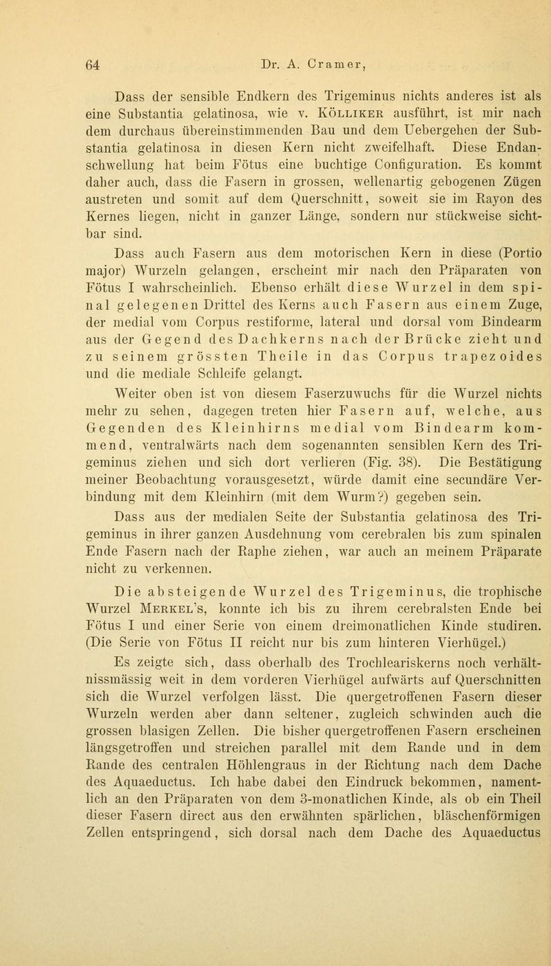 Dass der sensible Endkern des Trigeminus nichts anderes ist als eine Substantia gelatinosa, wie v. Kölliker ausführt, ist mir nach dem durchaus übereinstimmenden Bau und dem Uebergehen der Sub- stantia gelatinosa in diesen Kern nicht zweifelhaft. Diese Endan- schwellung hat beim Fötus eine buchtige Configuration. Es kommt daher auch, dass die Fasern in grossen, wellenartig gebogenen Zügen austreten und somit auf dem Querschnitt, soweit sie im Rayon des Kernes liegen, nicht in ganzer Länge, sondern nur stückweise sicht- bar sind. Dass auch Fasern aus dem motorischen Kern in diese (Portio major) Wurzeln gelangen, erscheint mir nach den Präparaten von Fötus I wahrscheinlich. Ebenso erhält diese Wurzel in dem spi- nal gelegen en Drittel des Kerns auch Fasern aus einem Zuge, der medial vom Corpus restiforme, lateral und dorsal vom Bindearm aus der Gegend des Dachkerns nach der Brücke zieht und zu seinem grössten Theile in das Corpus trapezoides und die mediale Schleife gelangt. Weiter oben ist von diesem Faserzuwuchs für die Wurzel nichts mehr zu sehen, dagegen treten hier Fasern auf, welche, aus Gegenden des Kleinhirns medial vom Bindearm kom- mend, ventralwärts nach dem sogenannten sensiblen Kern des Tri- geminus ziehen und sich dort verlieren (Fig. 38). Die Bestätigung meiner Beobachtung vorausgesetzt, würde damit eine secundäre Ver- bindung mit dem Kleinhirn (mit dem Wurm?) gegeben sein. Dass aus der medialen Seite der Substantia gelatinosa des Tri- geminus in ihrer ganzen Ausdehnung vom cerebralen bis zum spinalen Ende Fasern nach der Raphe ziehen, war auch an meinem Präparate nicht zu verkennen. Die absteigende Wurzel des Trigeminus, die trophische Wurzel Merkel's, konnte ich bis zu ihrem cerebralsten Ende bei Fötus I und einer Serie von einem dreimonatlichen Kinde studiren. (Die Serie von Fötus II reicht nur bis zum hinteren Vierhügel.) Es zeigte sich, dass oberhalb des Trochleariskerns noch verhält- nissmässig weit in dem vorderen Vierhügel aufwärts auf Querschnitten sich die Wurzel verfolgen lässt. Die quergetroffenen Fasern dieser Wurzeln werden aber dann seltener, zugleich schwinden auch die grossen blasigen Zellen. Die bisher quergetroffenen Fasern erscheinen längsgetroffen und streichen parallel mit dem Rande und in dem Rande des centralen Höhlengraus in der Richtung nach dem Dache des Aquaeductus. Ich habe dabei den Eindruck bekommen, nament- lich an den Präparaten von dem 3-monatlichen Kinde, als ob ein Theil dieser Fasern direct aus den erwähnten spärlichen, bläschenförmigen Zellen entspringend, sich dorsal nach dem Dache des Aquaeductus