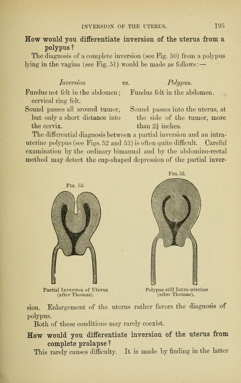 How would you differentiate inversion of the uterus from a polypus ? The diagnosis of a complete inversion (see Fig. 50) from a polypus lying in the vagina (see Fig. 51) would be made as foUows:— Inversion Fundus not felt in the abdomen; cervical ring felt. Sound passes all around tumor, but only a short distance into the cervix. vs. Polypus. Fundus felt in the abdomen. Sound passes into the uterus, at the side of the tumor, more than 2^ inches. The differential diagnosis between a partial inversion and an intra- uterine polypus (see Figs. 52 and 53) is often quite difficult. Careful examination by the ordinary bimanual and by the abdomino-rectal method may detect the cup-shaped depression of the partial inver- FiG. 53. Fig. 52. Partial Inversion of Uterus (after Thomas). Polypus still Intra-uterine (after Thomas). sion. Enlargement of the uterus rather favors the diagnosis of polypus. Both of these conditions may rarely coexist. How would you differentiate inversion of the uterus from complete prolapse ? This rarely causes difficulty. It is made by finding in the latter