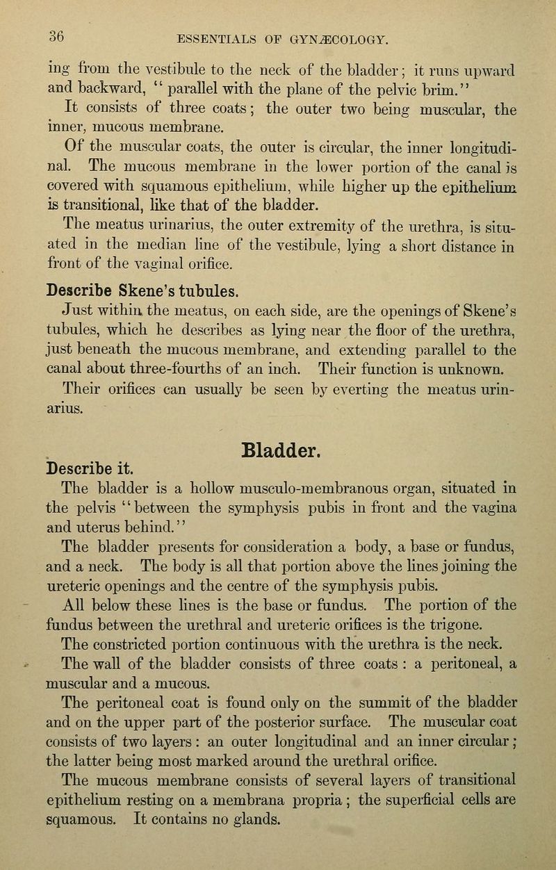 ing from the vestibule to the neck of the bladder; it runs upward and backward, parallel with the plane of the pelvic brim. It consists of three coats; the outer two being muscular, the inner, mucous membrane. Of the muscular coats, the outer is circular, the inner longitudi- nal. The mucous membrane in the lower portion of the canal is covered with squamous epithelium, while higher up the epithelium is transitional, like that of the bladder. The meatus urinarius, the outer extremity of the urethra, is situ- ated in the median line of the vestibule, lying a short distance in front of the vaginal orifice. Describe Skene's tubules. Just within the meatus, on each side, are the openings of Skene's tubules, which he describes as lying near the floor of the urethra, just beneath the mucous membrane, and extending parallel to the canal about three-fourths of an inch. Their function is unknown. Their orifices can usually be seen by everting the meatus urin- arius. Bladder. Describe it. The bladder is a hollow musculo-membranous organ, situated in the pelvis '' between the symphysis pubis in front and the vagina and uterus behind.'' The bladder presents for consideration a body, a base or fundus, and a neck. The body is all that portion above the lines joining the ureteric openings and the centre of the symphysis pubis. All below these lines is the base or fundus. The portion of the fundus between the urethral and ureteric orifices is the trigone. The constricted portion continuous with the urethra is the neck. The wall of the bladder consists of three coats : a peritoneal, a muscular and a mucous. The peritoneal coat is found only on the summit of the bladder and on the upper part of the posterior surface. The muscular coat consists of two layers : an outer longitudinal and an inner circular; the latter being most marked around the urethral orifice. The mucous membrane consists of several layers of transitional epithelium resting on a membrana propria ; the superficial cells are squamous. It contains no glands.