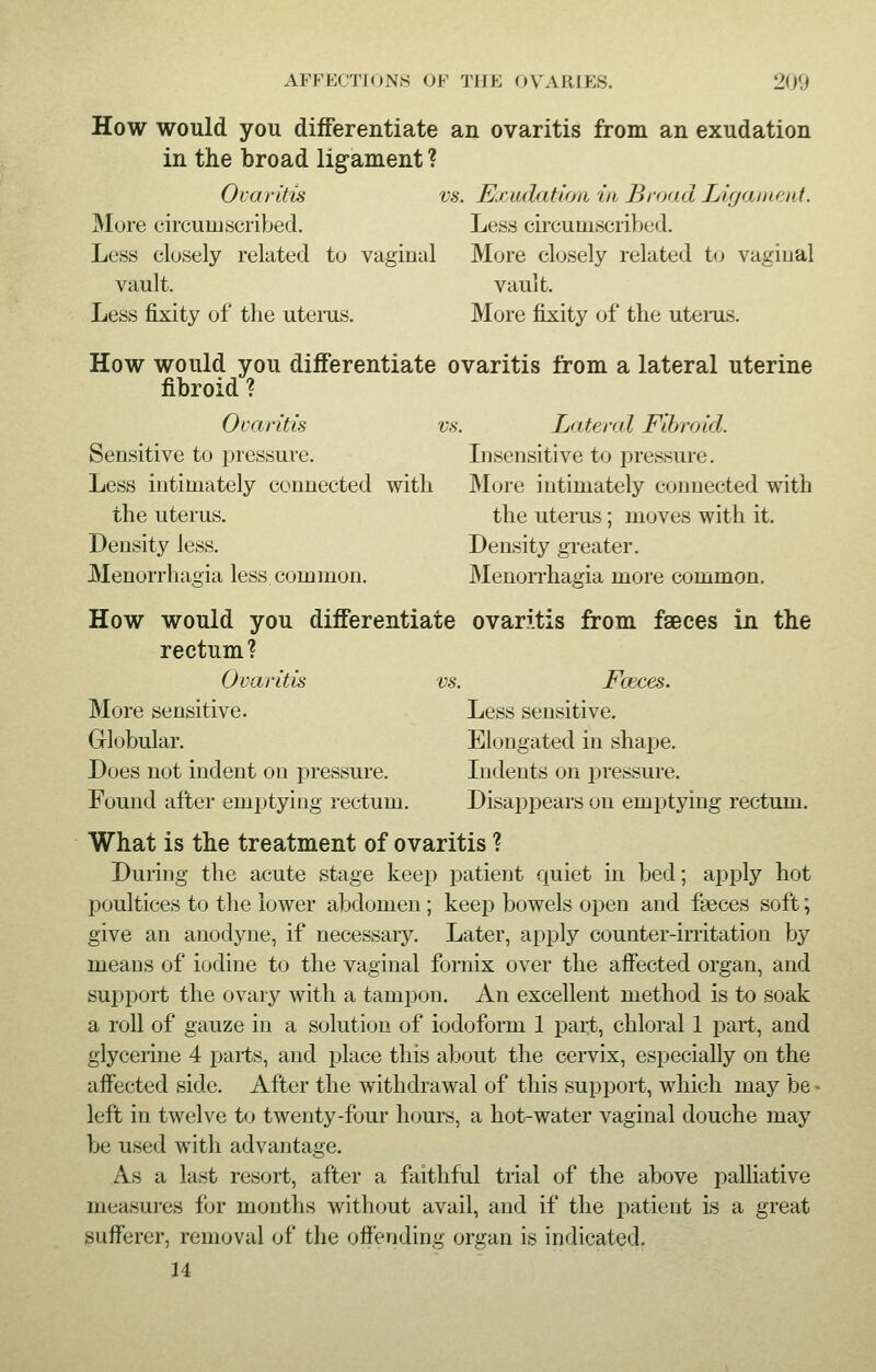How would you differentiate an ovaritis from an exudation in the broad ligament ? Ovaritis vs. Exudation in Broad Ligament. More circuru scribed. Less circumscribed. Less closely related to vaginal More closely related to vaginal vault. vault. Less fixity of the uterus. More fixity of the uterus. How would you differentiate ovaritis from a lateral uterine fibroid ? Ovaritis vs. Lateral Fibroid. Sensitive to pressure. Insensitive to pressure. Less intimately connected with More intimately connected with the uterus. the uterus; moves with it. Density less. Density greater. Menorrhagia less common. Menorrhagia more common. How would you differentiate ovaritis from faeces in the rectum? Ovaritis vs. Faeces. More sensitive. Less sensitive. Globular. Elongated in shape. Does not indent on pressure. Indents on pressure. Found after emptying rectum. Disappears on emptying rectum. What is the treatment of ovaritis ? During the acute stage keep patient quiet in bed; apply hot poultices to the lower abdomen ; keep bowels open and feces soft; give an anodyne, if necessary. Later, apply counter-irritation by means of iodine to the vaginal fornix over the affected organ, and support the ovary with a tampon. An excellent method is to soak a roll of gauze in a solution of iodoform 1 part, chloral 1 part, and glycerine 4 parts, and place this about the cervix, especially on the affected side. After the withdrawal of this support, which may be - left in twelve to twenty-four hours, a hot-water vaginal douche may be used with advantage. As a last resort, after a faithful trial of the above palliative measures for months without avail, and if the patient is a great sufferer, removal of the offending organ is indicated. 14