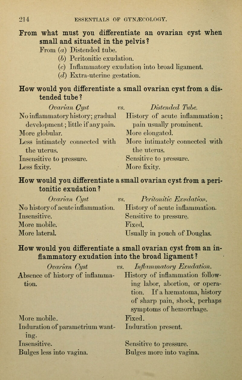 From what must you differentiate an ovarian cyst when small and situated in the pelvis ? From (a) Distended tube. (b) Peritonitic exudation. (c) Inflammatory exudation into broad ligament. (d) Extra-uterine gestation. How would you differentiate a small ovarian cyst from a dis- tended tube ? Ovarian Cyst vs. No inflammatory history; gradual development; little if any pain. More globular. Less intimately connected with the uterus. Insensitive to pressure. Less fixity. Distended Tube, History of acute inflammation; pain usually prominent. More elongated. More intimately connected with the uterus. Sensitive to pressure. More fixity. How would you differentiate a small ovarian cyst from a peri- tonitic exudation ? Ovarian Cyst No history of acute inflammation. Insensitive. More mobile. More lateral. How would you differentiate flammatory exudation Ovarian Cyst Absence of history of inflamma tion. More mobile. Induration of parametrium want ing. Insensitive. Bulges less into vagina. vs. Peritonitic Exvdatfon. History of acute inflammation. Sensitive to pressure. Fixed. Usually in pouch of Douglas. a small ovarian cyst from an in- into the broad ligament ? vs. Inflammatory Exudation. History of inflammation follow- ing labor, abortion, or opera- tion. If a haematoma, history of sharp pain, shock, perhaps symptoms of hemorrhage. Fixed. Induration present. Sensitive to pressure. Bulges more into vagina.