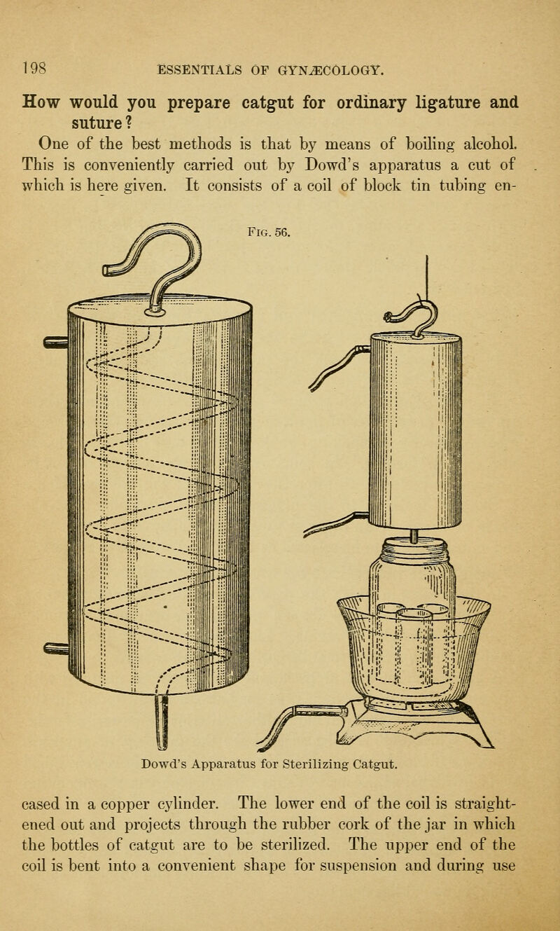 How would you prepare catg-ut for ordinary ligature and suture ? One of the best methods is that by means of boihng alcohol. This is conveniently carried out by Dowd's apparatus a cut of which is here given. It consists of a coil of block tin tubing en- FiG. 56, Dowd's Apparatus for Sterilizing Catgut. cased in a copper C3'linder. The lower end of the coil is straight- ened out and projects through the rubber cork of the jar in which the bottles of catgut are to be sterilized. The upper end of the coil is bent into a convenient shape for suspension and during use