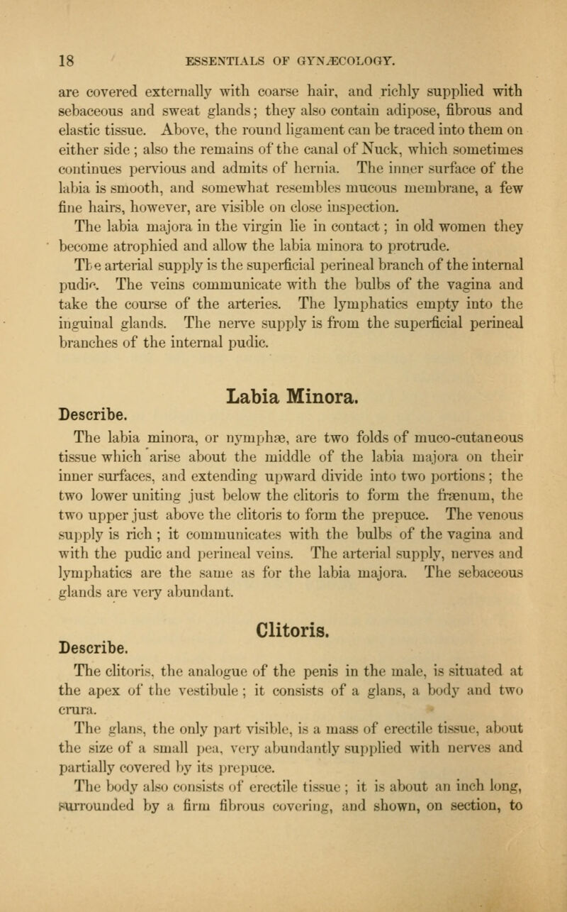 are covered externally with coarse hair, and richly supplied with sebaceous and sweat glands; they also contain adipose, fibrous and elastic tissue. Above, the round ligament can be traced into thein on either side ; also the remains of the canal of Nuck, which sometimes continues pervious and admits of hernia. The inner surface of the labia is smooth, and somewhat resembles mucous membrane, a few fine hairs, however, are visible on close inspection. The labia majora in the virgin lie in contact; in old women they become atrophied and allow the labia minora to protrude. The arterial supply is the superficial perineal branch of the internal pudic The veins communicate with the bulbs of the vagina and take the course of the arteries. The lymphatics empty into the inguinal glands. The nerve supply is from the superficial perineal branches of the internal pudic. Labia Minora. Describe. The labia minora, or nymphae, are two folds of muco-cutaneous tissue which arise about the middle of the labia majora on their inner surfaces, and extending upward divide into two portions; the two lower uniting just below the clitoris to form the fteenuni, the two upper just above the clitoris to form the prepuce. The venous supply is rich ; it communicates with the bulbs of the vagina and with the pudic and perineal veins. The arterial supply, nerves and lymphatics are the same as for the labia majora. The sebaceous glands are very abundant. Clitoris. Describe. The clitoris, the analogue of the penis in the male, is situated at the apex of the vestibule; it consists of a glans, a body and two crura. The glans. the only part visible, is a mass of erectile tissue, about the size of a small pea, very abundantly supplied with nerves and partially covered by its prepuce. The body also consists of erectile tissue ; it is about an inch long, surrounded by a firm fibrous covering, and shown, on section, to