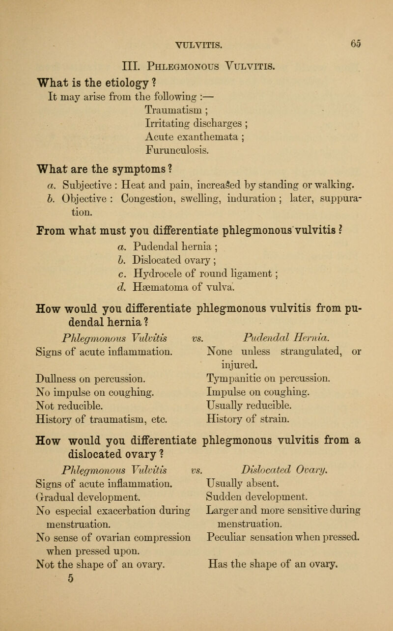 III. Phlegmonous Vulvitis. What is the etiology ? It may arise from the following :— Traumatism ; Irritating discharges ; Acute exanthemata ; Furunculosis. What are the symptoms ? a. Subjective : Heat and pain, increased by standing or walking. b. Objective : Congestion, swelling, induration ; later, suppura- tion. From what must you differentiate phlegmonous vulvitis ? a. Pudendal hernia ; b. Dislocated ovary; c. Hydrocele of round ligament; d. Hsematoma of vulva. How would you differentiate phlegmonous vulvitis from pu- dendal hernia ? Phlegmonous Vulvitis vs. Pudendal Hernia. Signs of acute inflammation. None unless strangulated, or injured. Dullness on percussion. Tympanitic on percussion. No impulse on coughing. Impulse on coughing. Not reducible. Usually reducible. History of traumatism, etc. History of strain. How would you differentiate phlegmonous vulvitis from a dislocated ovary ? Phlegmonous Vulvitis vs. Dislocated Ovary. Signs of acute inflammation. Usually absent. Gradual development. Sudden development. No especial exacerbation during Larger and more sensitive during menstruation. menstruation. No sense of ovarian compression Peculiar sensation when pressed. when pressed upon. Not the shape of an ovary. Has the shape of an ovary. 5