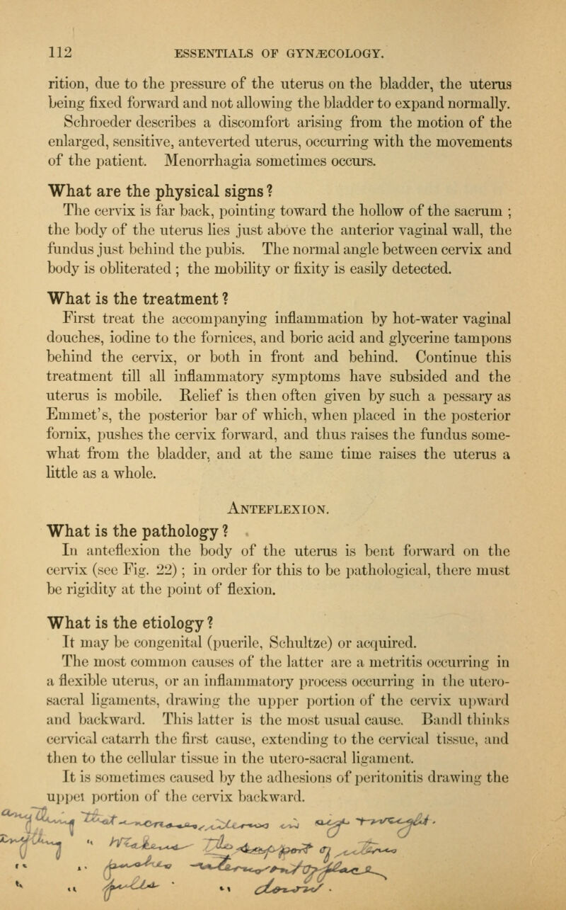 rition, due to the pressure of the uterus ou the bladder, the uterus being fixed forward and not allowing the bladder to expand normally. Schroeder describes a discomfort arising from the motion of the enlarged, sensitive, anteverted uterus, occurring with the movements of the patient. Menorrhagia sometimes occurs. What are the physical signs ? The cervix is far back, pointing toward the hollow of the sacruni ; the body of the uterus lies just above the anterior vaginal wall, the fundus just behind the pubis. The normal angle between cervix and body is obliterated ; the mobility or fixity is easily detected. What is the treatment ? First treat the accompanying inflammation by hot-water vaginal douches, iodine to the fornices, and boric acid and glycerine tampons behind the cervix, or both in front and behind. Continue this treatment till all inflammatory symptoms have subsided and the uterus is mobile. Relief is then often given by such a pessary as Emmet's, the posterior bar of which, when placed in the posterior fornix, pushes the cervix forward, and thus raises the fundus some- what from the bladder, and at the same time raises the uterus a little as a whole. Anteflexion. What is the pathology ? In anteflexion the body of the uterus is bent forward on the cervix (see Fig. 22); in order for this to be pathological, there must be rigidity at the point of flexion. What is the etiology ? It may be congenital (puerile, Schultze) or acquired. The most common causes of the latter are a metritis occurring in a flexible uterus, or an inflammatory process occurring in the utero- sacral ligaments, drawing the upper portion of the cervix upward and backward. This latter is the most usual cause. Bandl thinks cervical catarrh the first cause, extending to the cervical tissue, and then to the cellular tissue in the utero-sacral ligament. It is sometimes caused by the adhesions of peritonitis drawing the uppei portion of the cervix backward.