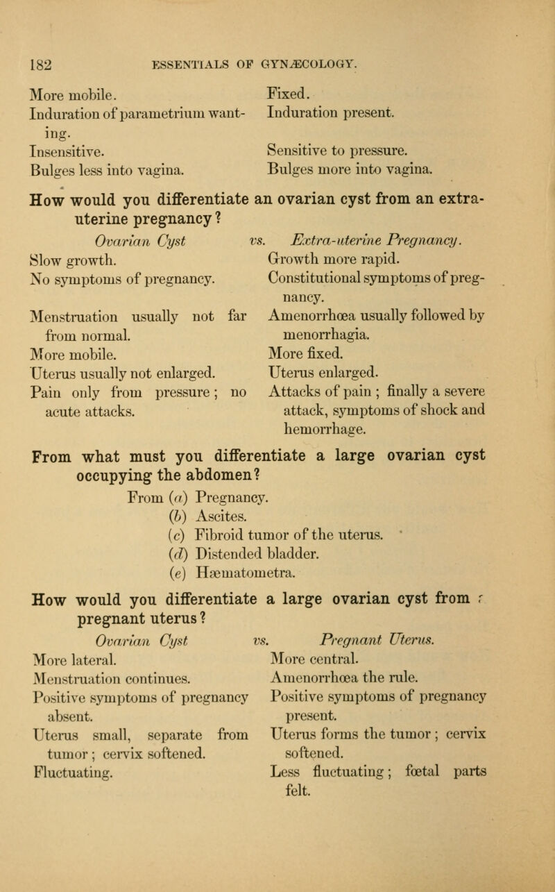 More mobile. Induration of parametrium want- ing. Fixed. Induration present. Sensitive to pressure. Bulges more into vagina. Insensitive. Bulges less into vagina. How would you differentiate an ovarian cyst from an extra uterine pregnancy ? Ovarian Cyst Slow growth. No symptoms of pregnancy. Menstruation usually not far from normal. More mobile. Uterus usually not enlarged. Pain only from pressure; no acute attacks. vs. Extra-uterine Pregnancy. Growth more rapid. Constitutional symptoms of preg- nancy. Amenorrhoea usually followed by menorrhagia. More fixed. Uterus enlarged. Attacks of pain ; finally a severe attack, symptoms of shock and hemorrhage. From what must you differentiate a large ovarian cyst occupying the abdomen? From (a) Pregnancy. (b) Ascites. (c) Fibroid tumor of the uterus. (d) Distended bladder. (e) Haeinatoinetra. How would you differentiate a large ovarian cyst from r pregnant uterus ? Ovarian Cyst vs. Pregnant Uterus. More lateral. Menstruation continues. Positive symptoms of pregnancy absent. Uterus small, separate from tumor; cervix softened. Fluctuating. More central. Amenorrhoea the rule. Positive symptoms of pregnancy present. Uterus forms the tumor ; cervix softened. Less fluctuating; foetal parts felt.