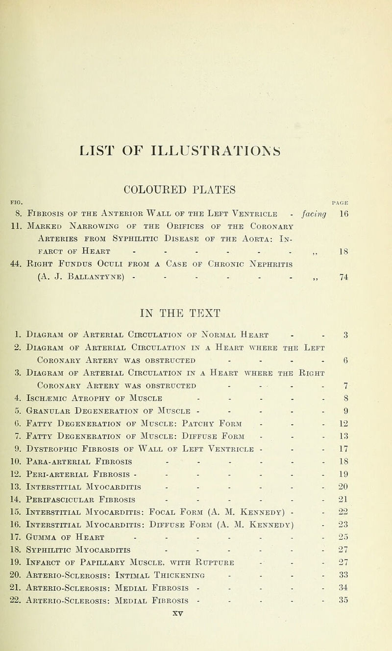 COLOURED PLATES FIG. PAGE 8. Fibrosis of the Anterior Wall op the Left Ventricle - facing 16 11. Marked Narrowing of the Orifices of the Coronary Arteries from Syphilitic Disease of the Aorta: In- farct of Heart - - - - - - ,, 18 44. Right Fundus Oculi prom a Case op Chronic Nephritis (A. J. Ballantyne) ----..,, 74 IN THE TEXT 1. Diagram of Arterial Circulation of Normal Heart - - 3 2. Diagram of Arterial Circulation in a Heart where the Left Coronary Artery was obstructed .... 6 3. Diagram of Arterial Circulation in a Heart where the Right Coronary Artery was obstructed - - • - - 7 4. Ischemic Atrophy op Muscle - - - - - 8 5. Granular Degeneration of Muscle - - - - - 9 G. Fatty Degeneration op Muscle: Patchy Form - - - 12 7. Fatty Degeneration of Muscle: Difpuse Form - - - 13 9. Dystrophic Fibrosis of Wall op Left Ventricle - - - 17 10. Para-arterial Fibrosis - - - - - - 18 12. Peri-artbrlal Fibrosis - - - - - - - 19 13. Interstitial Myocarditis - - - - - - 20 14. Perifascicular Fibrosis - - - - - - 21 15. Interstitial Myocarditis: Focal Form (A. M. Kennedy) - - 22 16. Interstitial Myocarditis: Difpuse Form (A. M. Kennedy) - 23 17. Gumma op Heart - - - - - - - 25 18. Syphilitic Myocarditis - - - - - - 27 19. Infarct of Papillary Muscle, with Rupture - - - 27 20. Arterio-Sclerosis: Intimal Thickening - - - - 33 21. Arterio-Sclerosis: Medial Fibrosis - - - - - 34 22. Arterio-Sclerosis: Medial Fibrosis - - - - - 35