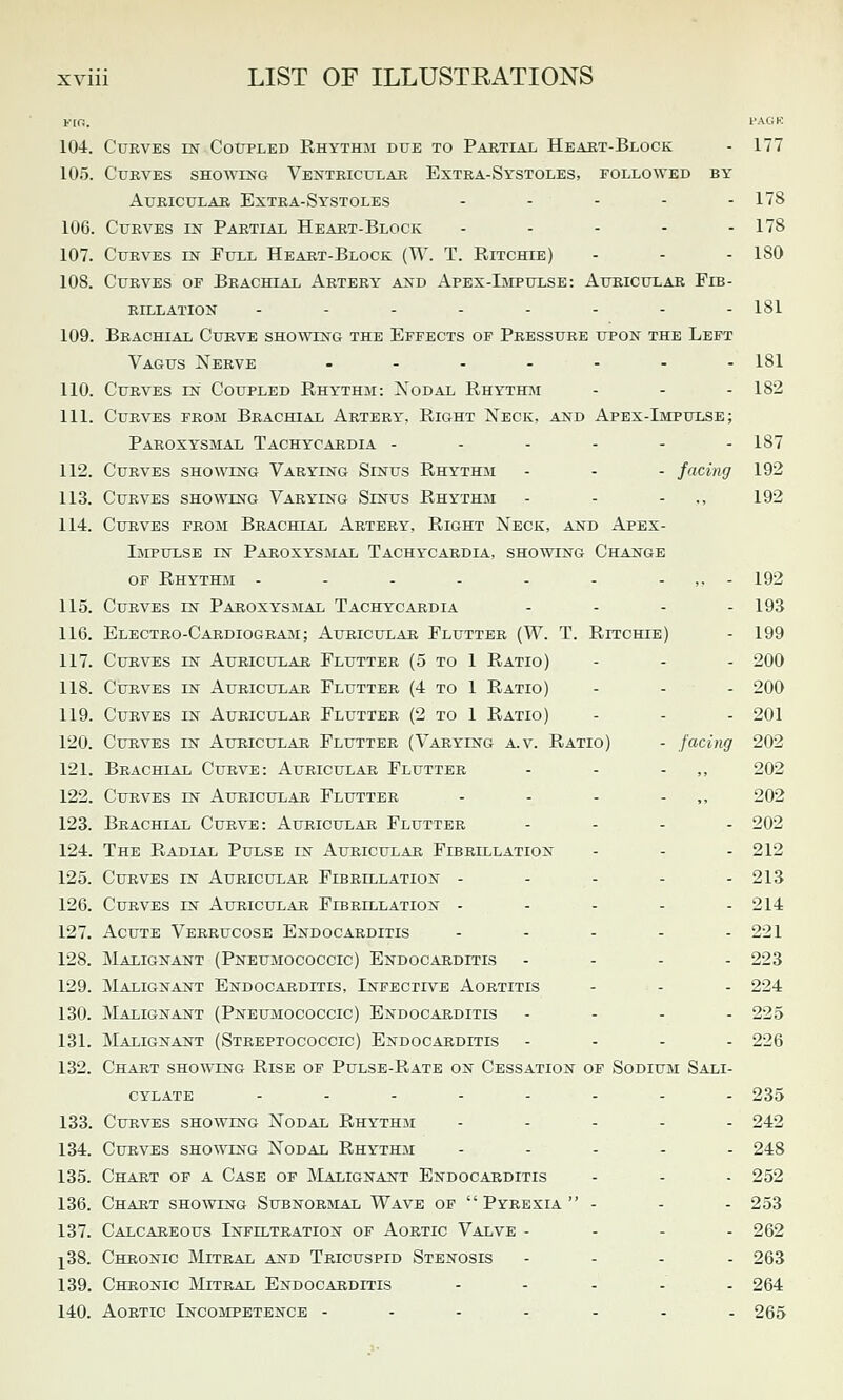 FIO. PACK 104. Curves in Cotjpled Rhythm dtte to Pabtial Heakt-Block - 177 105. CUKVES SHOWING VENTRICULAR ExTRA-SySTOLES, FOLLOWED BY AuRicuLAB Extra-Systoles - - - - - 178 106. Curves in Partial Heart-Block ..... 178 107. Curves in Fuxl Heart-Block (W. T. Ritchie) - - - 180 108. Curves of Brachial Artery and Apex-Impulse: Auricular Fib- rillation .-..---- 181 109. Brachial Curve showing the Effects of Pressure upon the Left Vagus Nerve ....... 181 110. Curves in Coupled Rhythm: Xodal Rhythm . . - 182 111. Curves from Brachial Artery. Right Neck, and Apex-Impulse; Paroxysmal Tachycardia ------ 187 112. Curves sho\ving Varying Sinus Rhythm - - - facing 192 113. Curves showing Varying Sinus Rhythm - - - ., 192 114. Curves from Brachial Artery, Right Neck, and Apex- Impulse IN Paroxysmal Tachycardia, showing Change OF Rhythm - - - - - - - ,, - 192 115. Curves in Paroxysmal Tachycardia .... 193 116. Electro-Cardiograju; Auricular Flutter (W. T. Ritchie) - 199 117. Curves in Auriculak Flutter (5 to 1 Ratio) - - - 200 118. Curves in Auricular Flutter (4 to 1 Ratio) ... 20O 119. Curves in Auricular Flutter (2 to 1 Ratio) - - - 201 120. Curves in Auricular Flutter (Varying a. v. Ratio) - facing 202 121. Brachial Curve: Auricular Flutter - - - ,, 202 122. Curves in Auricular Flutter - - - - ,, 202 123. Brachial Curve: Auricular Flutter . . . . 202 124. The Radial Pulse in Auricular Fibrillation - - - 212 125. Curves in Auricular Fibrillation - - - - - 213 126. Curves in Auricular Fibrillation ----- 214 127. Acute Verrucose Endocarditis - - - - - 221 128. Malignant (Pneumococcic) Endocarditis - . . . 223 129. Malignant Endocarditis, Infecth^e Aortitis - - - 224 130. Malignant (Pneumococcic) Endocarditis . - . . 225 131. Malignant (Streptococcic) Endocarditis .... 226 132. Chart showing Rise of Pulse-Rate on Cessation of Sodium Sali- cylate ........ 235 133. Curves showing Nodal Rhythm ..... 242 134. Curves showing Nodal Rhythm . . . . . 248 135. Chart of a Case of Malignant Endocarditis - - - 252 136. Chaut showing Subnormal Wave of Pyrexia - - - 253 137. Calcareous Infiltration of Aortic Valve - - - - 262 138. Chronic Mitral and Tricuspid Stenosis - - - . 263 139. Chronic Mitral Endocarditis - . . . . 264 140. Aortic Incompetence ....... 265