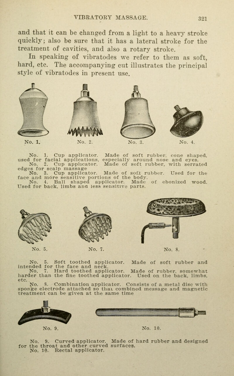 and that it can be changed from a light to a heavy stroke quickly; also be sure that it has a lateral stroke for the treatment of cavities, and also a rotary stroke. In speaking of vibratodes we refer to them as soft, hard, etc. The accompanying cut illustrates the principal style of vibratodes in present use. No. 1. No. 2. No. 3. No. 4. No. 1. Cup applicator. Made of soft rubber, cone shaped, used for facial applications, especially around nose and eyes. No. 2. Cup applicator. Made of soft rubber, with serrated edges for scalp massage No. 3. Cup applicator. Made of soft rubber. Used for the face and more sensitive portions of the body. No. 4. Ball shaped applicator. Made of ebonized wood. Used for back, limbs ana less sensitive parts. No. No. 7. No. 8. No. 5. Soft toothed applicator. Made of soft rubber and intended for the face and neck. No. 7. Hard toothed applicator. Made of rubber, somewhat harder than the fine toothed applicator. Used on the back, limbs, etc.. No. 8. Combination applicator. Consists of a metal disc with sponge electrode attached so that combined message and magnetic treatment can be given at the same time No. 10. No. 9. Curved applicator. Made of hard rubber and designed for the throat and other curved surfaces. No, 10. Rectal applicator,