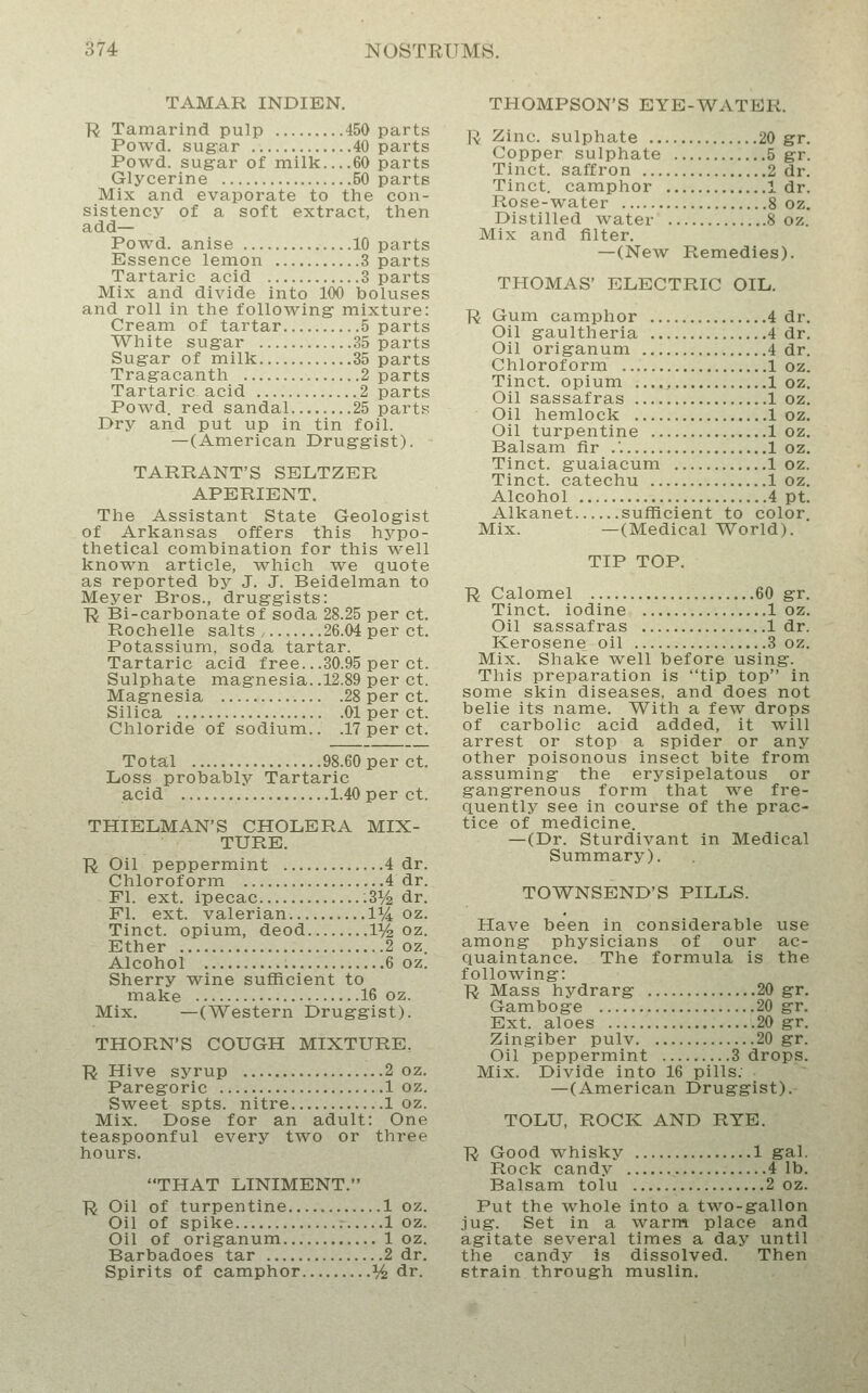 TAMAR INDIEN. R Tamarind pulp 450 parts Powd. sugar 40 parts Powd. sugar of milk 60 parts Glycerine 50 parts Mix and evaporate to the con- sistency of a soft extract, then add— Powd. anise 10 parts Essence lemon 3 parts Tartaric acid 3 parts Mix and divide into 100 boluses and roll in the following mixture: Cream of tartar 5 parts White sugar 35 parts Sugar of milk 35 parts Tragacanth 2 parts Tartaric acid 2 parts Powd. red sandal 25 parts Dry and put up in tin foil. —(American Druggist). TARRANT'S SELTZER APERIENT. The Assistant State Geologist of Arkansas offers this hypo- thetical combination for this well known article, which we quote as reported by J. J. Beidelman to Meyer Bros., druggists: iR Bi-carbonate of soda 28.25 per ct. Rochelle salts, 26.04 per ct. Potassium, soda tartar. Tartaric acid free...30.95 per ct. Sulphate magnesia..12.89 per ct. Magnesia 28 per ct. Silica 01 per ct. Chloride of sodium.. .17 per ct. Total 98.60 per ct. Loss probably Tartaric acid 1.40 per ct. THIELMAN'S CHOLERA MIX- TURE. ■R Oil peppermint 4 dr. Chloroform 4 dr. PI. ext. ipecac ;3i/^ dr. Fl. ext. valerian 1%, oz. Tinct. opium, deod 1% oz. Ether 2 oz. Alcohol 6 oz. Sherry wine sufficient to make 16 oz. Mix. —(Western Druggist). THORN'S COUGH MIXTURE. R Hive syrup 2 oz. Paregoric 1 oz. Sweet spts. nitre 1 oz. Mix. Dose for an adult: One teaspoonful every two or three hours. THAT LINIMENT. Ti Oil of turpentine 1 oz. Oil of spike r 1 oz. Oil of origanum 1 oz. Barbadoes tar 2 dr. Spirits of camphor ^ dr. THOMPSON'S EYE-WATER. R Zinc, sulphate 20 gr. Copper sulphate 5 gr. Tinct. saffron 2 dr. Tinct. camphor 1 dr. Rose-water 8 oz. Distilled water 8 oz. Mix and filter. —(New Remedies). THOMAS' ELECTRIC OIL. Ti Gum camphor 4 dr. Oil gaultheria 4 dr. Oil origanum 4 dr. Chloroform 1 oz. Tinct. opium ...., 1 oz. Oil sassafras 1 oz. Oil hemlock 1 oz. Oil turpentine 1 oz. Balsam fir .'. 1 oz. Tinct. guaiacum 1 oz. Tinct. catechu 1 oz. Alcohol 4 pt. Alkanet sufficient to color. Mix. —(Medical World). TIP TOP. IJ Calomel 60 gr. Tinct. iodine 1 oz. Oil sassafras 1 dr. Kerosene oil 3 oz. Mix. Shake well before using. This preparation is tip top in some skin diseases, and does not belie its name. With a few drops of carbolic acid added, it will arrest or stop a spider or any other poisonous insect bite from assuming the erj^sipelatous or gangrenous form that we fre- quently see in course of the prac- tice of medicine. —(Dr. Sturdivant in Medical Summary). TOWNSEND'S PILLS. Have been in considerable use among physicians of our ac- quaintance. The formula is the following: R Mass hydrarg 20 gr. Gamboge 20 gr. Ext. aloes 20 gr. Zingiber pulv 20 gr. Oil peppermint 3 drops. Mix. Divide into 16 pills. —(American Druggist). TOLU, ROCK AND RYE. R Good whisky 1 gal. Rock candy 4 1b. Balsam tolu 2 oz. Put the whole into a two-gallon jug. Set in a warm place and agitate several times a day until the candy is dissolved. Then strain through muslin.