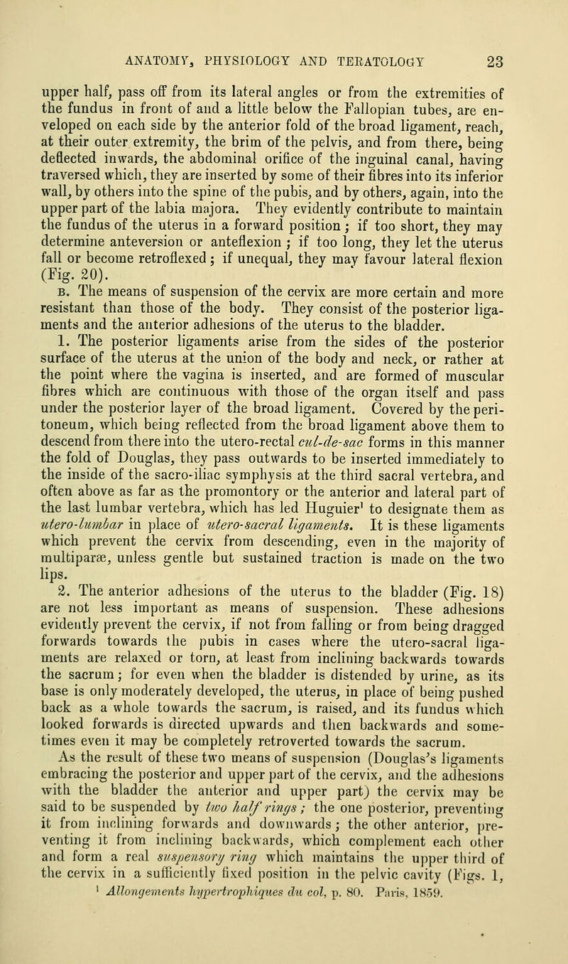 upper half, pass off from its lateral angles or from the extremities of the fundus in front of and a little below the Fallopian tubes, are en- veloped on each side by the anterior fold of the broad ligament, reach, at their outer extremity, the brim of the pelvis, and from there, being deflected inwards, the abdominal orifice of the inguinal canal, having traversed which, they are inserted by some of their fibres into its inferior wall, by others into the spine of the pubis, and by others, again, into the upper part of the labia majora. They evidently contribute to maintain the fundus of the uterus in a forward position; if too short, they may determine anteversion or anteflexion ; if too long, they let the uterus fall or become retroflexed; if unequal, they may favour lateral flexion (Fig. 20). B. The means of suspension of the cervix are more certain and more resistant than those of the body. They consist of the posterior liga- ments and the anterior adhesions of the uterus to the bladder. 1. The posterior ligaments arise from the sides of the posterior surface of the uterus at the union of the body and neck, or rather at the point where the vagina is inserted, and are formed of muscular fibres which are continuous with those of the organ itself and pass under the posterior layer of the broad ligament. Covered by the peri- toneum, which being reflected from the broad ligament above them to descend from there into the utero-rectal cul-de-sac forms in this manner the fold of Douglas, they pass outwards to be inserted immediately to the inside of the sacro-iliac symphysis at the third sacral vertebra, and often above as far as the promontory or the anterior and lateral part of the last lumbar vertebra, which has led Huguier' to designate them as utero-lmnhar in place of utero-sacral ligaments. It is these ligaments which prevent the cervix from descending, even in the majority of raultiparse, unless gentle but sustained traction is made on the two lips. 2. The anterior adhesions of the uterus to the bladder (Fig. 18) are not less important as means of suspension. These adhesions evidently prevent the cervix, if not from falling or from being dragged forwards towards the pubis in cases where the utero-sacral liga- ments are relaxed or torn, at least from inclining backwards towards the sacrum; for even when the bladder is distended by urine, as its base is only moderately developed, the uterus, in place of being pushed back as a whole towards the sacrum, is raised, and its fundus which looked forwards is directed upwards and then backwards and some- times even it may be completely retroverted towards the sacrum. As the result of these two means of suspension (Douglases ligaments embracing the posterior and upper part of the cervix, and the adhesions with the bladder the anterior and upper partj the cervix may be said to be suspended by two half rings; the one posterior, preventing it from inclining forwards and downwards; the other anterior, pre- venting it from inclining backwards, which complement each other and form a real suspensory ring which maintains the upper third of the cervix in a sufficiently fixed position in the pelvic cavity (Figs. 1, ' Allongements hypertrophiques du col, p. 80. Pnris, 1859.