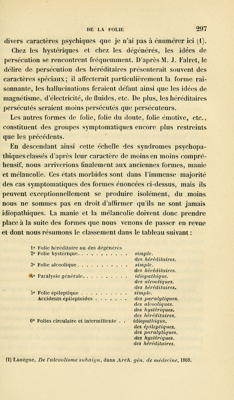 divers caractères psychiques que je n'ai pas à énumérer ici (1). Chez les hystériques et chez les dégénérés, les idées de persécution se rencontrent fréquemment. D'après M. J. Falret, le délire de persécution des héréditaires présenterait souvent des caractères spéciaux ; il aifecterait particulièrement la forme rai- sonnante, les hallucinations feraient défaut ainsi que les idées de magnétisme, d'électricité, de fluides, etc. De plus, les héréditaires persécutés seraient moins persécutés que persécuteurs. Les autres formes de folie, folie du doute, folie émotive, etc., constituent des groupes symptomatiques encore plus restreints que les précédents. En descendant ainsi cette échelle des syndromes psychopa- thiques classés d'après leur caractère de moins en moins compré- hensif, nous arriverions finalement aux anciennes formes, manie et mélancolie. Ces états morbides sont dans l'immense majorité des cas symptomatiques des formes énoncées ci-dessus, mais ils peuvent exceptionnellement se produire isolément, du moins nous ne sommes pas en droit d'affirmer qu'ils ne sont jamais idiopathiques. La manie et la mélancolie doivent donc prendre place à la suite des formes que nous venons de passer en revue et dont nous résumons le classement dans le tableau suivant : i Folie héréditaire ou des dégénérés 2° Folie hystérique simple. des héréditaires. 3° Folie alcoolique simple. des héréditaires. «4» Paralysie générale idiopathique. des alcooliques. des héréditaires. 5» Folie épileptique simple. Accidents épileptoïdes des paralytiques.. des alcooliques. des hystériques. des héréditaires. 6° Folies circulaire et intermittente . . idiopathique. des épileptiques. des paralytiques. des hystériques. des héréditaires. (1) Lasègue, De l'alcoolisme subaigu, dans Arch. gén. de médecine, 1869.