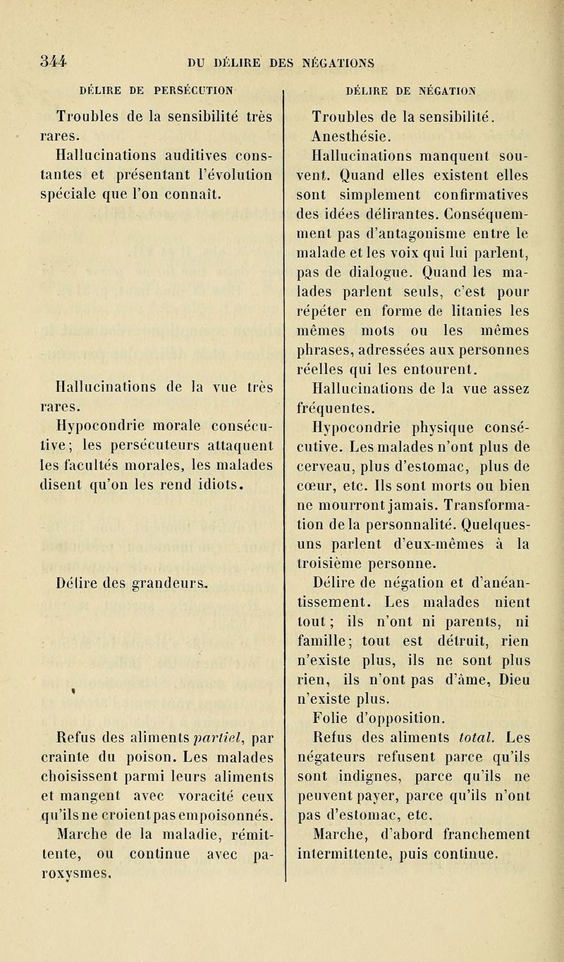 DELIRE DE PERSECUTION Troubles de la sensibilité très rares. Hallucinations auditives cons- tantes et présentant l'évolution spéciale que l'on connaît. Hallucinations de la vue très rares. Hypocondrie morale consécu- tive; les persécuteurs attaquent les facultés morales, les malades disent qu'on les rend idiots. Délire des grandeurs. Refus des aliments partiel, par crainte du poison. Les malades choisissent parmi leurs aliments et mangent avec voracité ceux qu'ils ne croientpas empoisonnés. Marche de la maladie, rémit- tente, ou continue avec pa- roxysmes. DELIRE DE NEGATION Troubles de la sensibilité. Anesthésie. Hallucinations manquent sou- vent. Quand elles existent elles sont simplement confirmatives des idées délirantes. Conséquem- ment pas d'antagonisme entre le malade et les voix qui lui parlent, pas de dialogue. Quand les ma- lades parlent seuls, c'est pour répéter en forme de litanies les mêmes mots ou les mêmes phrases, adressées aux personnes réelles qui les entourent. Hallucinations de la vue assez fréquentes. Hypocondrie physique consé- cutive. Les malades n'ont plus de cerveau, plus d'estomac, plus de cœur, etc. Ils sont morts ou bien ne mourront jamais. Transforma- tion delà personnalité. Quelques- uns parlent d'eux-mêmes à la troisième personne. Délire de négation et d'anéan- tissement. Les malades nient tout ; ils n'ont ni parents, ni famille; tout est détruit, rien n'existe plus, ils ne sont plus rien, ils n'ont pas d'âme, Dieu n'existe plus. Folie d'opposition. Refus des aliments total. Les négateurs refusent parce qu'ils sont indignes, parce qu'ils ne peuvent payer, parce qu'ils n'ont pas d'estomac, etc. Marche, d'abord franchement intermittente, puis continue.