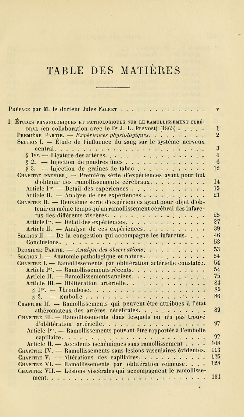 TABLE DES MATIERES Préface par M. le docteur Jules Falret v i. Études physiologiques et pathologiques sur le ramollissement céré- bral (en collaboration avec le D- J.-L. Prévost) (1865) 1 Première Partie. —Expériences physiologiques . 2 Section I. — Étude de l'influence du sang sur le système nerveux central 3 § 1er. — Ligature des artères ,. 4 § 2. — Injection de poudres fines 6 § 3. — Injection de graines de tabac 12 Chapitre premier. — Première série d'expériences ayant pour but d'obtenir des ramollissements cérébraux. 14 Article I<=^ — Détail des expériences 15 Article II. — Analyse de ces expériences 21 Chapitre II. — Deuxième série d'expériences ayant pour objet d'ob- tenir en même temps qu'un ramollissement cérébral des infarc- tus des différents viscères 25 Article I.— Détail des expériences 27 Article II. — Analyse de ces expériences 39 Section II. — De la congestion qui accompagne les infarctus. ... 46 Conclusions 53 Deuxième Partie. — Analyse des observations. . 53  Section I.— Anatomie pathologique et nature 54 Chapitre I. — Ramollissements par oblitération artérielle constatée. 54 Article l.— Ramollissements récents 54 Article II. — Ramollissements anciens. ............ 75 Article III.— Oblitération artérielle 84 § Ie^ — Thrombose 85 § 2. — Embolie 86 Chapitre II. — Ramollissements qui peuvent être attribués à l'état athéromateux des artères cérébrales. . . 89 Chapitre 111. — Ramollissements dans lesquels on n'a pas trouvé d'oblitération artérielle 97 Article l'=^— Ramollissements pouvant être rapportés à l'embolie capillaire 97 Article 11. — Accidents ischémiques sans ramollissement .... 108 Chapitre IV. — Ramollissements sans lésions vasculaires évidentes. 113 Chapitre V. — Altérations des capillaires 125 Chapitre VI. — Ramollissements par oblitération veineuse. . . . 128 Chapitre VIL— Lésions viscérales qui accompagnent le ramollisse- ment 131