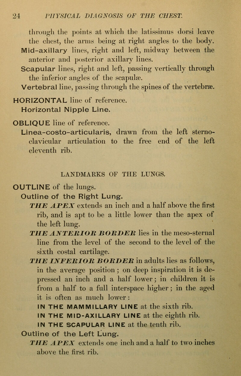 througli the points at which the latissiinus dorsi leave the chest, tlie arms being at right angles to the body. Mid-axillary lines, right and left, midway between the anterior and posterior axillary lines. Scapular lines, right and left, passing vertically through the inferior angles of the scapulae. Vertebral line, passing through the spines of the vertebrae. HORIZONTAL line of reference. Horizontal Nipple Line. OBLIQUE line of reference. Linea-costo-articularis, drawn from the left sterno- clavicular articulation to the free end of the left eleventh rib. LANDMARKS OF THE LUNGS. OUTLINE of the lungs. Outline of the Right Lung. THE AJPEX extends an inch and a half above the first rib, and is apt to be a little lower than the apex of the left lung. THE ANTERIOH BOJRHER lies in the meso-sternal line from the level of the second to the level of the sixth costal cartilage. THE INFERIOR BORDER in adults lies as follows, in the average position ; on deep inspiration it is de- pressed an inch and a half lower; in children it is from a half to a full interspace higher; in the aged it is often as much lower: IN THE MAMMILLARY LINE at the sixth rib. IN THE MID-AXILLARY LINE at the eighth rib. IN THE SCAPULAR LINE at the tenth rib. Outline of the Left L^ung. THE APEX extends one inch and a half to two inches above the first rib.