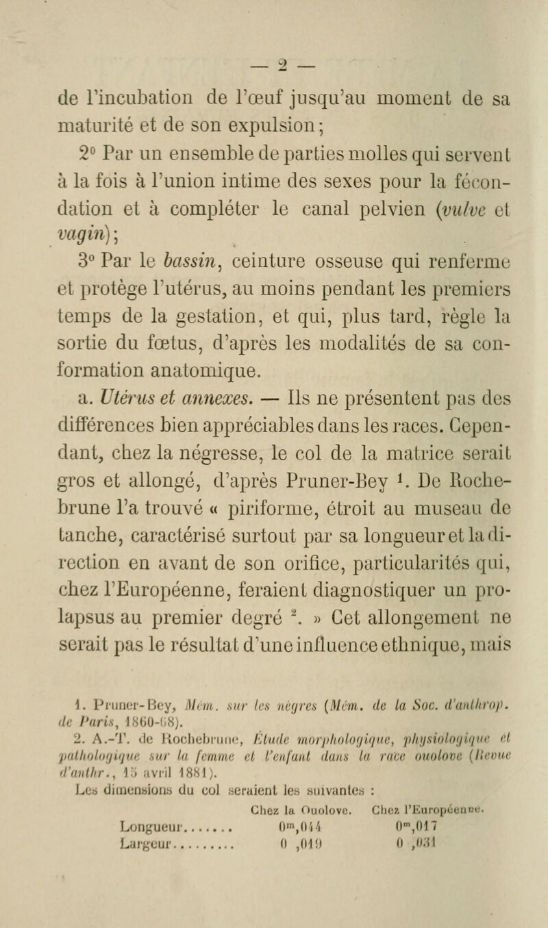 de rincubation de l'œuf jusqu'au moment de sa maturité et de son expulsion ; 2° Par un ensemble de parties molles qui servent à la fois à l'union intime des sexes pour la fécon- dation et à compléter le canal pelvien {vulve et vagin) ; 3° Par le hassin^ ceinture osseuse qui renferme et protège l'utérus, au moins pendant les premiers temps de la gestation, et qui, plus tard, règle la sortie du fœtus, d'après les modalités de sa con- formation anatomique. a. Utérus et annexes. — Ils ne présentent pas des différences bien appréciables dans les races. Cepen- dant, chez la négresse, le col de la matrice serait gros et allongé, d'après Pruner-Bey i. De Roche- brune l'a trouvé « piriforme, étroit au museau de tanche, caractérisé surtout par sa longueur et la di- rection en avant de son orifice, particularités qui, chez l'Européenne, feraient diagnostiquer un pro- lapsus au premier degré \ » Cet allongement ne serait pas le résultat d'une influence ethnique, mais \. Primer-Bey, Màti. sur les nc(jres [Mim. de la Soc. d'anllirop. de Paris, 1860-(i8). 2. A.-T. de Itochebniiic, l'Uudc morjiholoyujKc, phijsiolojunic et puiliol()()i(jue sur la femme et l'enfaiU dans la race ouolove (Heoue d'anUir., i'6 avril 1881). Lea dimensions du col seraient les suivantes : Clicz la Ouolove. Cliez rEuropconDt-. Longueur i)'^,{)'ifi O^/ll?