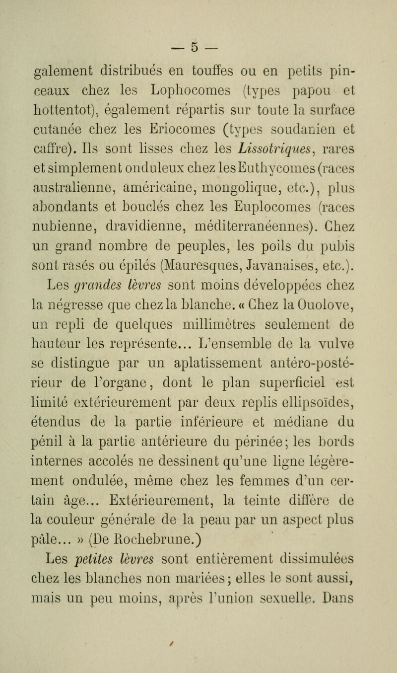 gaiement distribués en touffes ou en petits pin- ceaux chez les Lophocomes (types papou et hottentot), également répartis sur toute la surface cutanée chez les Eriocomes (types soadanien et caffre). Ils sont lisses chez les Lissotriques^ rares et simplement onduleux chez lesEuthycomes (races australienne, américaine, mongolique, etc.), plus abondants et bouclés chez les Euplocomes (races nubienne, dravidienne, méditerranéennes). Chez un grand nombre de peuples, les poils du pubis sont rasés ou épilés (Mauresques, Javanaises, etc.). Les grandes lèvres sont moins développées chez la négresse que chez la blanche. « Chez la Ouolove, un repli de quelques millimètres seulement de hauteur les représente... L'ensemble de la vulve se distingue par un aplatissement antéro-posté- rieur de l'organe, dont le plan superficiel est limité extérieurement par deux replis ellipsoïdes, étendus de la partie inférieure et médiane du pénil à la partie antérieure du périnée; les bords internes accolés ne dessinent qu'une ligne légère- ment ondulée, même chez les femmes d'un cer- tain âge... Extérieurement, la teinte diffère de la couleur générale de la peau par un aspect plus pâle... » (De liochebrune.) Les petites lèvres sont entièrement dissimulées chez les blanches non mariées; elles le sont aussi, mais un peu moins, après Tuniou sexuelle. Dans