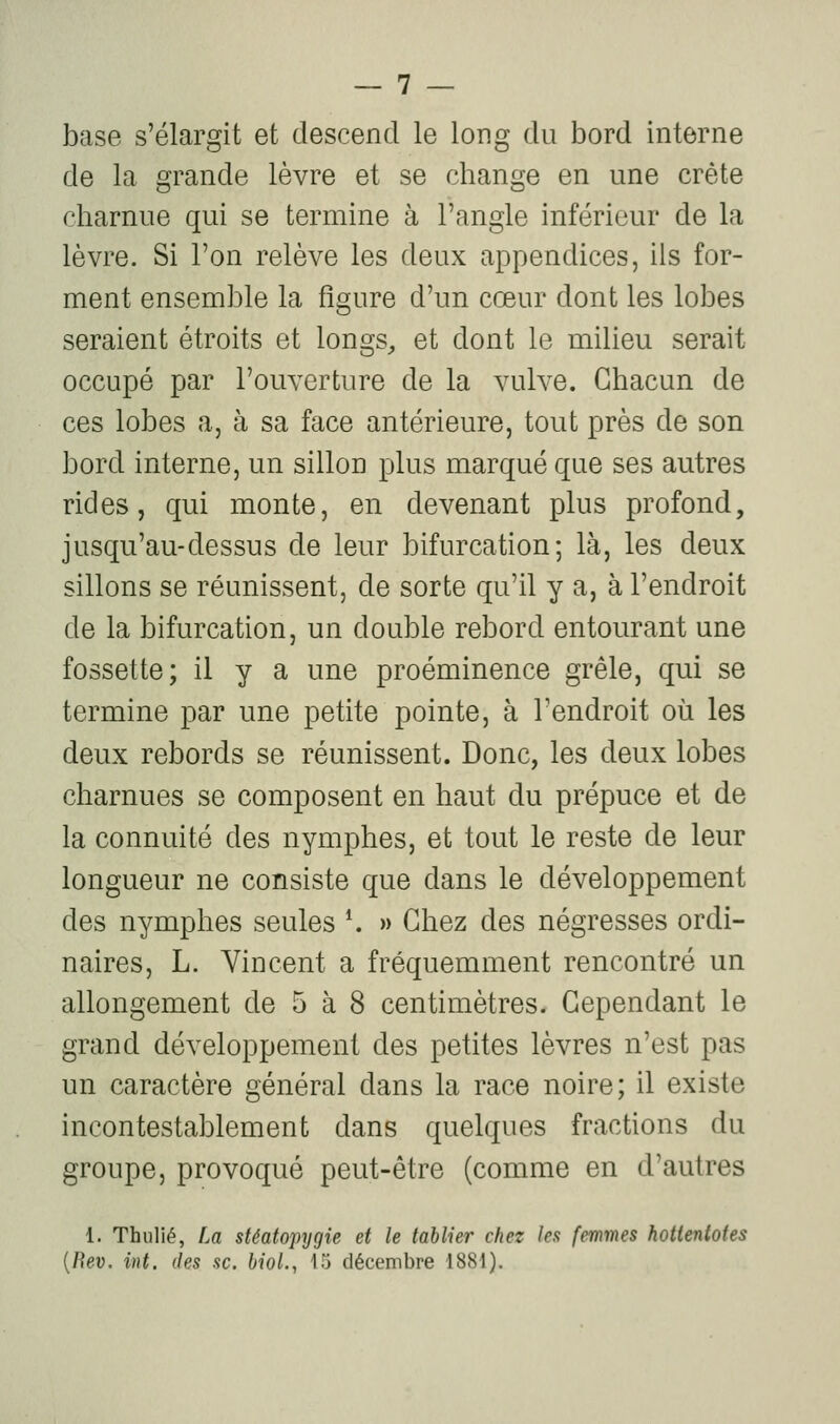 base s'élargit et descend le long du bord interne de la grande lèvre et se change en une crête charnue qui se termine à l'angle inférieur de la lèvre. Si l'on relève les deux appendices, ils for- ment ensemble la figure d'un cœur dont les lobes seraient étroits et longs^ et dont le milieu serait occupé par l'ouverture de la vulve. Chacun de ces lobes a, à sa face antérieure, tout près de son bord interne, un sillon plus marqué que ses autres rides, qui monte, en devenant plus profond, jusqu'au-dessus de leur bifurcation; là, les deux sillons se réunissent, de sorte qu'il y a, à l'endroit de la bifurcation, un double rebord entourant une fossette; il y a une proéminence grêle, qui se termine par une petite pointe, à l'endroit où les deux rebords se réunissent. Donc, les deux lobes charnues se composent en haut du prépuce et de la connuité des nymphes, et tout le reste de leur longueur ne consiste que dans le développement des nymphes seules \ » Chez des négresses ordi- naires, L. Vincent a fréquemment rencontré un allongement de 5 à 8 centimètres. Cependant le grand développement des petites lèvres n'est pas un caractère général dans la race noire; il existe incontestablement dans quelques fractions du groupe, provoqué peut-être (comme en d'autres 1. Thulié, La stéatopygie et le tablier chez len femmes hottentotes {Rev. int. des se. bioL, 15 décembre 1881).