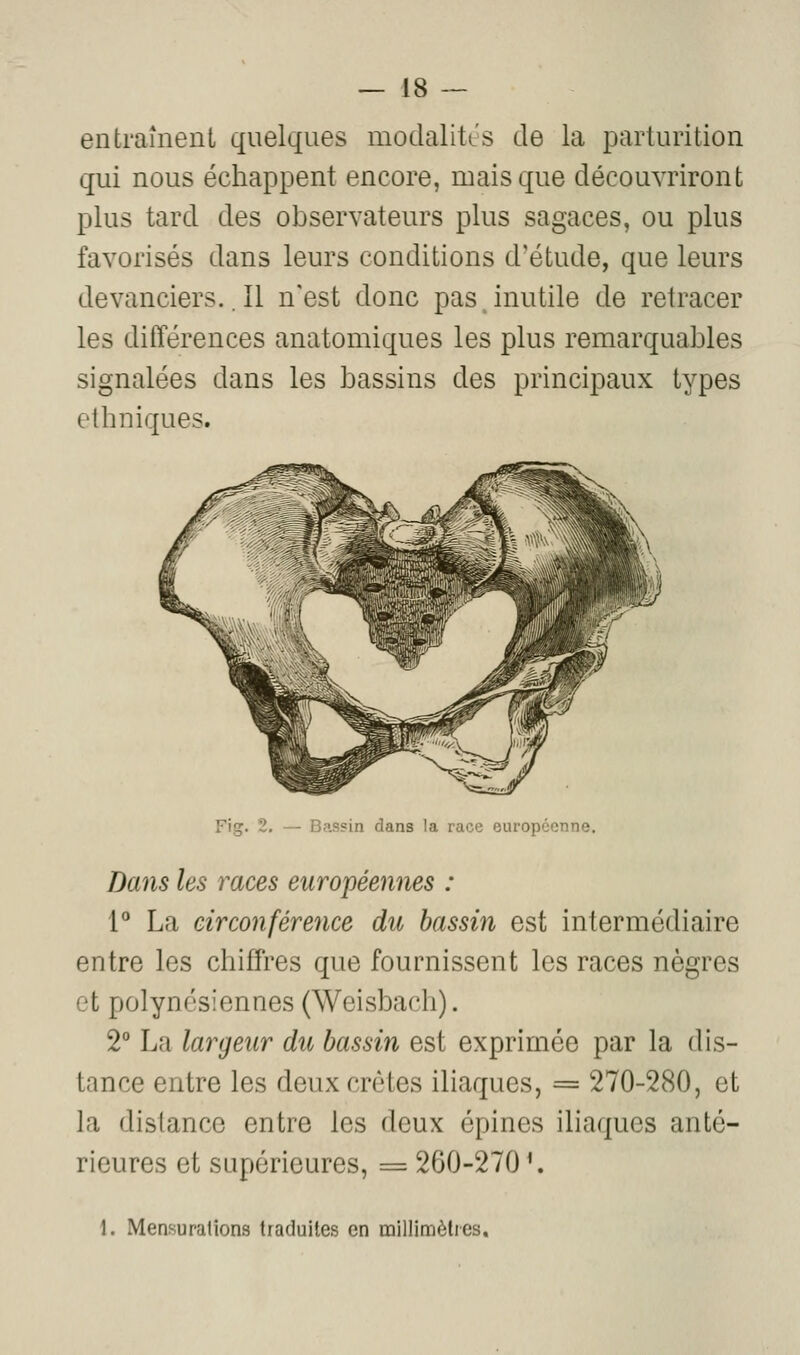 entraînent quelques modaliti's de la parturition qui nous échappent encore, mais que découvriront plus tard des observateurs plus sagaces, ou plus favorisés dans leurs conditions d'étude, que leurs devanciers.. 11 n'est donc pas inutile de retracer les différences anatomiques les plus remarquables signalées dans les bassins des principaux types ethniques. Fig. 2. — Bassin dans la race européenne. Dans les races européennes : l*' La circonférence du bassin est intermédiaire entre les chiffres que fournissent les races nègres et polynésiennes (Weisbach). 2° La largeur du bassin est exprimée par la dis- tance entre les deux crêtes iliaques, = 270-280, et la distance entre les deux épines iliaques anté- rieures et supérieures, = 260-270 '. 1. Mensurations traduites en millimèties.