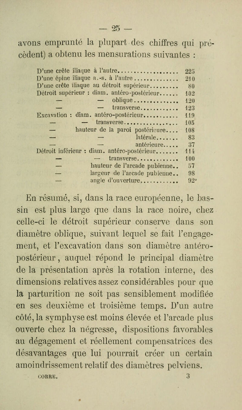 avons emprunté la plupart des chiffres qui pré- cèdent) a obtenu les mensurations suivantes : D'une crêle iliaque à l'autre 225 D'une épine iliaque ;i.-s. à l'autre 210 D'une ciête iliaque au détroit supérieur 80 Détroit supérieur : diam. anléro-postérieur 102 — — oblique 120 — — tiansverse 123 Excavation : diam. antéro-postérieur 119 — — transverse 105 — hauteur de la paroi postériL-ure 108 — — latérale 83 — — antérieure 37 Détroit inférieur : diam. antéro-postérieur 114 — — transverse 100 — hauteur de l'arcade pubienne.. 57 — largeur de l'arcade pubienne.. 98 — angle d'ouverture, 92° En résumé, si, dans la race européenne, le bas- sin est plus large que dans la race noire, chez celle-ci le détroit supérieur conserve dans son diamètre oblique, suivant lequel se fait l'engage- ment, et l'excavation dans son diamètre antéro- postérieur , auquel répond le principal diamètre de la présentation après la rotation interne, des dimensions relatives assez considérables pour que la parturition ne soit pas sensiblement modifiée en ses deuxième et troisième temps. D'un autre côté, la symphyse est moins élevée et l'arcade plu5 ouverte chez la négresse, dispositions favorables au dégagement et réellement compensatrices des désavantages que lui pourrait créer un certain amoindrissement relatif des diamètres pelviens. CORRE. 3 s