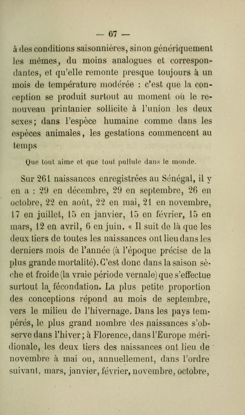 à des conditions saisonnières, sinon génériqiiement les mêmes, du moins analogues et correspon- dantes, et qu'elle remonte presque toujours à un mois de température modérée : c'est que la con- ception se produit surtout au moment où le re- nouveau printanier sollicite à l'union les deux sexes; dans l'espèce humaine comme dans les espèces animales, les gestations commencent au temps Que LoiiL aime et que Loiit pullule dans le monde. Sur 261 naissances enregistrées au Sénégal, il y en a : 29 en décembre, 29 en septembre, 26 en octobre, 22 en août, 22 en mai, 21 en novembre, 17 en juillet, 15 en janvier, 15 en février, 15 en mars, 12 en avril, 6 en juin. « Il suit de là que les deux tiers de toutes les naissances ont lieu dans les derniers mois de Tannée (à l'époque précise de la plus grande mortalité). C'est donc dans la saison sè- che et froide (la vraie période vernale) que s'effectue surtout k fécondation. La plus petite proportion des conceptions répond au mois de septembre, vers le milieu de l'hivernage. Dans les pays tem- pérés, le plus grand nombre des paissances s'ob- serve dans l'hiver ; à Florence, dans l'Europe méri- dionale, les deux tiers des naissances ont lieu de novembre à mai ou, annuellement, dans l'ordre suivant, mars, janvier, février, novembre, octobre.