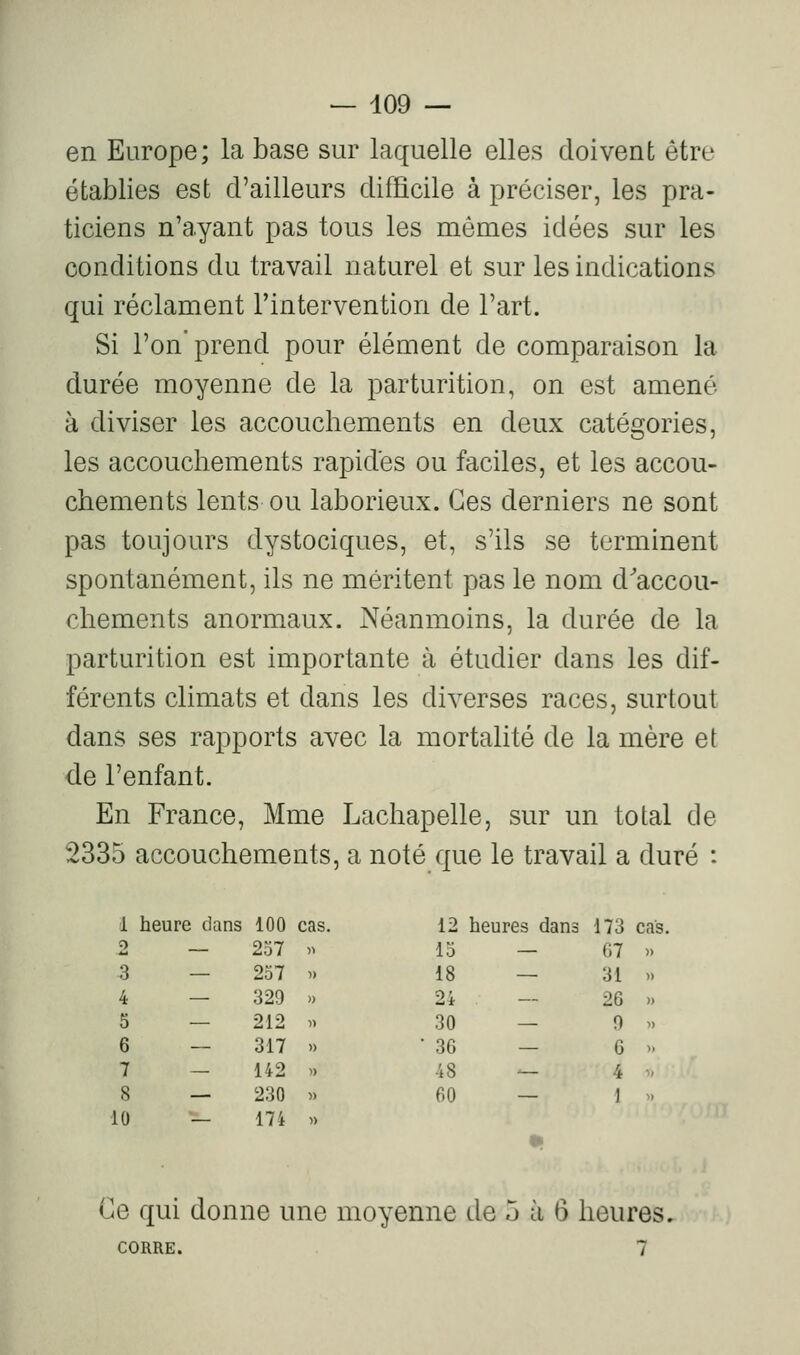 en Europe; la base sur laquelle elles doivent être établies est d'ailleurs difficile à préciser, les pra- ticiens n'ayant pas tous les mêmes idées sur les conditions du travail naturel et sur les indications qui réclament l'intervention de l'art. Si l'on* prend pour élément de comparaison la durée moyenne de la parturition, on est amené- à diviser les accouchements en deux catégories, les accouchements rapides ou faciles, et les accou- chements lents ou laborieux. Ces derniers ne sont pas toujours dystociques, et, s'ils se terminent spontanément, ils ne méritent pas le nom d'accou- chements anormaux. Néanmoins, la durée de la parturition est importante à étudier dans les dif- férents climats et dans les diverses races, surtout dans ses rapports avec la mortalité de la mère et de l'enfant. En France, Mme Lachapelle, sur un total de 2335 accouchements, a noté que le travail a duré : 1 heure dans 100 cas. 12 heures dans 173 cas. 2 — 237 » 15 — G7 3 — 2o7 » 18 — 31 4 — 329 » 24 — 26 5 — 212 1) 30 — 9 6 — 317 » • 36 — 6 7 — 142 1) 48 — 4 8 ,0 — 230 174 » 60 — 1 Ce qui donne une moyenne de 5 à 6 heures, CORRE. 7