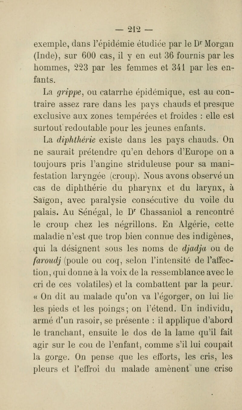 — 1V2 — exemple, dans répidémie étudiée par le L>' Morgan (Inde), sur 600 cas, il y en eut 36 fournis par les hommes, 223 par les femmes et 341 par les en- fants. La giHppe^ ou catarrhe épidémique, est au con- traire assez rare dans les pays chauds et presque exclusive aux zones tempérées et froides : elle est surtout'redoutable pour les jeunes enfants. La diphthérie existe dans les pays chauds. On ne saurait prétendre qu'en dehors d'Europe on a toujours pris l'angine striduleuse pour sa mani- festation laryngée (croup). Nous avons observé un cas de diphthérie du pharynx et du larynx, à Saigon, avec paralysie consécutive du voile du palais. Au Sénégal, le D' Ghassaniol a rencontré le croup chez les négrillons. En Algérie, cette maladie n'est que trop bien connue des indigènes, qui la désignent sous les noms de djadja ou de faroudj (poule ou coq, selon l'intensité de l'affec- tion, qui donne à la voix de la ressemblance avec le cri de ces volatiles) et la combattent par la peur. « On dit au malade qu'on va l'égorger, on lui lie les pieds et les poings; on l'étend. Un individu, armé d'un rasoir, se présente : il applique d'abord le tranchant, ensuite le dos de la lame qu'il fait agir sur le cou de l'enfant, comme s'il lui coupait la gorge. On pense que les efforts, les cris, les pleurs et l'effroi du malade amènent une crise