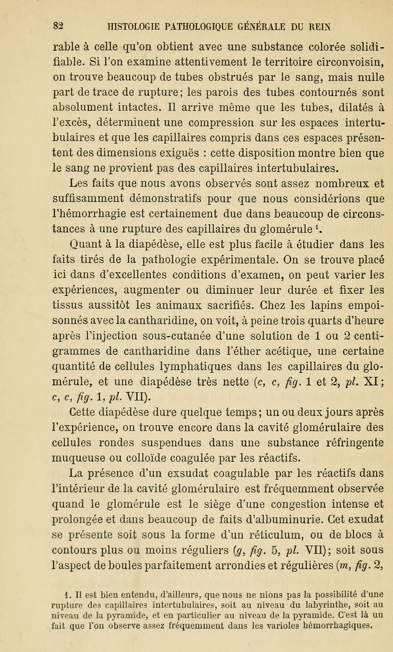 rable à celle qu'on obtient avec une substance colorée solidi- fiable. Si l'on examine attentivement le territoire circonvoisin, on trouve beaucoup de tubes obstrués par le sang, mais nulle part de trace de rupture ; les parois des tubes contournés sont absolument intactes. Il arrive même que les tubes, dilatés à l'excès, déterminent une compression sur les espaces intertu- bulaires et que les capillaires compris dans ces espaces présen- tent des dimensions exiguës : cette disposition montre bien que le sang ne provient pas des capillaires intertubulaires. Les faits que nous avons observés sont assez nombreux et suffisamment démonstratifs pour que nous considérions que l'hémorrhagie est certainement due dans beaucoup de circons- tances à une rupture des capillaires du glomérule *. Quant à la diapédèse, elle est plus facile à étudier dans les faits tirés de la pathologie expérimentale. On se trouve placé ici dans d'excellentes conditions d'examen, on peut varier les expériences, augmenter ou diminuer leur durée et fixer les tissus aussitôt les animaux sacrifiés. Chez les lapins empoi- sonnés avec la canthaiïdine, on voit, à peine trois quarts d'heure après l'injection sous-cutanée d'une solution de 1 ou 2 centi- grammes de cantharidine dans l'éther acétique, une certaine quantité de cellules lymphatiques dans les capillaires du glo- mérule, et une diapédèse très nette (c, c, fig. 1 et 2, pi. XI ; c, c, fig. 1, pi. VII). Cette diapédèse dure quelque temps; un ou deux jours après l'expérience, on trouve encore dans la cavité glomérulaire des cellules rondes suspendues dans une substance réfringente muqueuse ou colloïde coagulée par les réactifs. La présence d'un exsudât coagulable par les réactifs dans l'intérieur de la cavité glomérulaire est fréquemment observée quand le glomérule est le siège d'une congestion intense et prolongée et dans beaucoup de faits d'albuminurie. Cet exudat se présente soit sous la forme d'un réticulum, ou de blocs à contours plus ou moins réguliers (g, fig. 5, pi. VII); soit sous l'aspect de boules parfaitement arrondies et régulières (m, fig. 2, 1. Il est bien entendu, d'ailleur9, que nous ne nions pas la possibilité d'une rupture de3 capillaires intertubulaires, soit au niveau du labyrinthe, soit au niveau de la pyramide, et en particulier au niveau de la pyramide. C'est là un fait que l'on observe assez fréquemment dans les varioles bémorrhagiques.