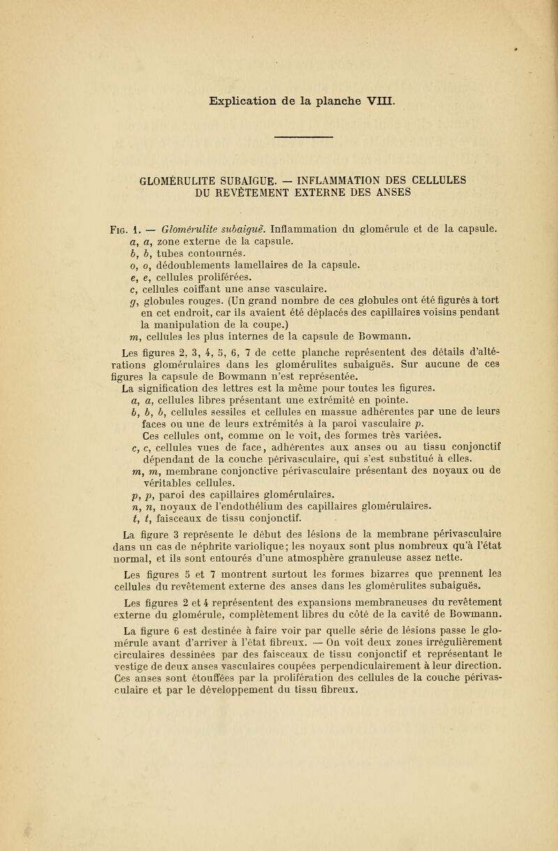 Explication de la planche VHI. GLOMÉRULITE SUBAIGUE. — INFLAMMATION DES CELLULES DU REVÊTEMENT EXTERNE DES ANSES Fig. 1. — Glomérulite subaiguë. Inflammation du glomérule et de la capsule. a, a, zone externe de la capsule. b, b, tubes contournés. o, o, dédoublements lamellaires de la capsule. e, e, cellules proliférées. c, cellules coiffant une anse vasculaire. g, globules rouges. (Un grand nombre de ces globules ont été figurés à tort en cet endroit, car ils avaient été déplacés des capillaires voisins pendant la manipulation de la coupe.) m, cellules les plus internes de la capsule de Bowmann. Les figures 2, 3, 4, S, 6, 7 de cette plancbe représentent des détails d'alté- rations glomérulaires dans les glomérulites subaiguës. Sur aucune de ces figures la capsule de Bowmann n'est représentée. La signification des lettres est la même pour toutes les figures. a, a, cellules libres présentant une extrémité en pointe. b, b, b, cellules sessiles et cellules en massue adhérentes par une de leurs faces ou une de leurs extrémités à la paroi vasculaire p. Ces cellules ont, comme on le voit, des formes très variées. c, c, cellules vues de face, adhérentes aux anses ou au tissu conjonctif dépendant de la couche périvasculaire, qui s'est substitué à elles. m, m, membrane conjonctive périvasculaire présentant des noyaux ou de véritables cellules. p, p, paroi des capillaires glomérulaires. n, n, noyaux de l'endothélium des capillaires glomérulaires. t, t, faisceaux de tissu conjonctif. La figure 3 représente le début des lésions de la membrane périvasculaire dans un cas de néphrite variolique ; les noyaux sont plus nombreux qu'à l'état normal, et ils sont entourés d'une atmosphère granuleuse assez nette. Les figures 5 et 7 montrent surtout les formes bizarres que prennent les cellules du revêtement externe des anses dans les glomérulites subaiguës. Les figures 2 et 4 représentent des expansions membraneuses du revêtement externe du glomérule, complètement libres du côté de la cavité de Bowmann. La figure 6 est destinée à faire voir par quelle série de lésions passe le glo- mérule avant d'arriver à l'état fibreux. — On voit deux zones irrégulièrement circulaires dessinées par des faisceaux de tissu conjonctif et représentant le vestige de deux anses vasculaires coupées perpendiculairement à leur direction. Ces anses sont étouffées par la prolifération des cellules de la couche périvas- culaire et par le développement du tissu fibreux.