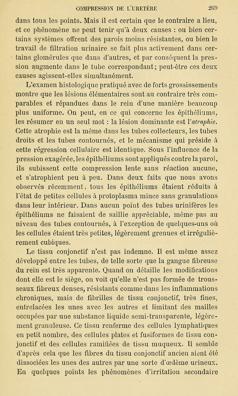 dans tous les points. Mais il est certain que le contraire a lieu, et ce phénomène ne peut tenir qu'à deux causes : ou bien cer- tains systèmes offrent des parois moins résistantes, ou bien le travail de filtration uiïnaire se fait plus activement dans cer- tains glomérules que dans d'autres, et par conséquent la pres- sion augmente dans le tube correspondant; peut-être ces deux causes agissent-elles simultanément. L'examen histologique pratiqué avec de forts grossissements montre que les lésions élémentaires sont au contraire très com- parables et répandues dans le rein d'une manière beaucoup plus uniforme. On peut, en ce qui concerne les épithéliums, les résumer en un seul mot : la lésion dominante est l'atrophie. Cette atrophie est la même dans les tubes collecteurs, les tubes droits et les tubes contournés, et le mécanisme qui préside à cette régression cellulaire est identique. Sous l'influence de la pression exagérée, les épithéliums sont appliqués contre la paroi, ils subissent cette compression lente sans réaction aucune, et s'atrophient peu à peu. Dans deux faits que nous avons observés récemment, tous les épithéliums étaient réduits à l'état de petites cellules à protoplasma mince sans granulations dans leur intérieur. Dans aucun point des tubes urinifères les épithéliums ne faisaient de saillie appréciable, même pas au niveau des tubes contournés, à l'exception de quelques-uns où les cellules étaient très petites, légèrement grenues et irréguliè- rement cubiques. Le tissu conjonctif n'est pas indemne. Il est même assez développé entre les tubes, de telle sorte que la gangue fibreuse du rein est très apparente. Quand on détaille les modifications dont elle est le siège, on voit qu'elle n'est pas formée de trous- seaux fibreux denses, résistants comme dans les inflammations chroniques, mais de fibrilles de tissu conjonctif, très fines, entrelacées les unes avec les autres et limitant des mailles occupées par une substance liquide semi-transparente, légère- ment granuleuse. Ce tissu renferme des cellules lymphatiques en petit nombre, des cellules plates et fusiformes de tissu con- jonctif et des cellules ramifiées de tissu muqueux. Il semble d'après cela que les fibres du tissu conjonctif ancien aient été dissociées les unes des autres par une sorte d'œdème urineux. En quelques points les phénomènes d'irritation secondaire