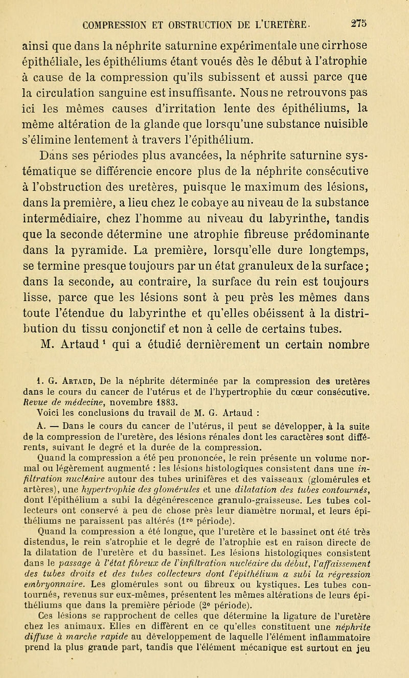 ainsi que dans la néphrite saturnine expérimentale une cirrhose épithéliale, les épithéliums étant voués dès le début à l'atrophie à cause de la compression qu'ils subissent et aussi parce que la circulation sanguine est insuffisante. Nous ne retrouvons pas ici les mêmes causes d'irritation lente des épithéliums, la même altération de la glande que lorsqu'une substance nuisible s'élimine lentement à travers l'épithélium. Dans ses périodes plus avancées, la néphrite saturnine sys- tématique se différencie encore plus de la néphrite consécutive à l'obstruction des uretères, puisque le maximum des lésions, dans la première, a lieu chez le cobaye au niveau de la substance intermédiaire, chez l'homme au niveau du labyrinthe, tandis que la seconde détermine une atrophie fibreuse prédominante dans la pyramide. La première, lorsqu'elle dure longtemps, se termine presque toujours par un état granuleux de la surface ; dans la seconde, au contraire, la surface du rein est toujours lisse, parce que les lésions sont à peu près les mêmes dans toute l'étendue du labyrinthe et qu'elles obéissent à la distri- bution du tissu conjonctif et non à celle de certains tubes. M. Artaud i qui a étudié dernièrement un certain nombre 1. G. Artaud, De la néphrite déterminée par la compression des uretères dans le cours du cancer de l'utérus et de l'hypertrophie du cœur consécutive. Revue de médecine, novembre 1883. Voici les conclusions du travail de M. G. Artaud : A. — Dans le cours du cancer de l'utérus, il peut se développer, à la suite de la compression de l'uretère, des lésions rénales dont les caractères sont diffé- rents, suivant le degré et la durée de la compression. Quand la compression a été peu prononcée, le rein présente un volume nor- mal ou légèrement augmenté : les lésions histologiques consistent dans une in- filtration nucléaire autour des tubes urinifères et des vaisseaux (glornérules et artères), une hypertrophie des glornérules et une dilatation des tubes contournés, dont l'épithélium a subi la dégénérescence granulo-graisseuse. Les tubes col- lecteurs ont conservé à peu de chose près leur diamètre normal, et leurs épi- théliums ne paraissent pas altérés (lre période). Quand la compression a été longue, que l'uretère et le bassinet ont été très distendus, le rein s'atrophie et le degré de l'atrophie est en raison directe de la dilatation de l'uretère et du bassinet. Les lésions histologiques consistent dans le passage à l'état fibreux de l'infiltration nucléaire du début, Vaffaissement des tubes droits et des tubes collecteurs dont l'épithélium a subi la régression embryonnaire. Les glornérules sont ou fibreux ou kystiques. Les tubes con- tournés, revenus sur eux-mêmes, présentent les mêmes altérations de leurs épi- théliums que dans la première période (2° période). Ces lésions se rapprochent de celles que détermine la ligature de l'uretère chez les animaux. Elles en diffèrent en ce qu'elles constituent une néphrite diffuse à marche rapide au développement de laquelle l'élément inflammatoire prend la plus grande part, tandis que l'élément mécanique est surtout en jeu