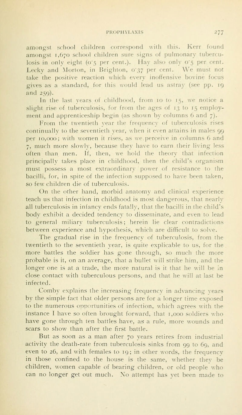 amoiif^^sl scliool ( liilflifii rorrcspond will) litis. l\crr found am()n<^sl 1,070 scIkkiI (Inldn'ii siirr- signs of pulmonary tubercu- losis in only ciglil (05 per ccni.). I lay also only 0*5 per cent. Lecky and Morton, in lirigliion, 037 per crnt. We must not take the positive reaction which every inoffensive bfjvine focus gives as a standard, for iliis would lend us astray (see pp. ifj and 2^()). in ihc last \('ars of childhood, from 10 to 15, we notice a slight rise of tuberculosis, for from the ages of 13 to 15 employ- ment and apprenticeship begin (as shown by columns 6 and 7). From the twentieth vear the frer|uency of tuberculosis rises continually to the sexcnlieth vear, when it even attains in males 99 per 10,000; with women it rises, as we percei^•e in columns 6 and 7, much more slowly, because they have to earn their living less often than men. If, then, we hold the thef)ry that infection principally takes place in childhood, then the child's organism must possess a most extraordinary power of resistance to the bacilli, for, in spite of the infection supposed to have been taken, so few children die of tuberculosis. On the other hand, morbid anatomy and clinical experience teach us that infection in childhood is most dangerous, that nearly all tuberculosis in infancy ends fatally, that the bacilli in the child's body exhibit a decided tendency to disseminate, and even to lead to general miliary tuberculosis; herein lie clear contradictions between experience and hypothesis, which are dilTficult to solve. The gradual rise in the frequency of tuberculosis, from the twentieth to the seventieth year, is quite explicable to us, for the more battles the soldier has gone through, so much the more probable is it, on an average, that a bullet will strike him, and the longer one is at a trade, the more natural is it that he will be in close contact with tuberculous persons, and that he will at last be infected. Comby explains the increasing frequencv in advancing vears by the simple fact that older persons are for a longer time exposed to the numerous opportunities of infection, which agrees with the instance I have so often brought forward, that 1,000 soldiers who have gone through ten battles have, as a rule, more wounds and scars to show than after the first battle. But as soon as a man after 70 years retires from industrial activity the death-rate from tuberculosis sinks from 99 to 69. and even to 26, and with females to 19; in other words, the frequencv in those confined to the house is the same, whether thev be children, women capable of bearing children, or old people who can no longer get out much. \o attempt has yet been made to