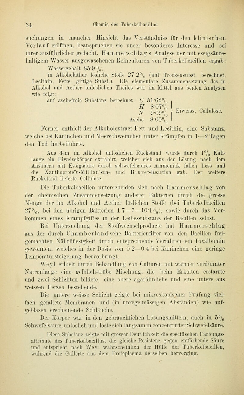 suchungen in mancher Hinsicht das Yerständniss für den klinischen Verlauf eröffnen, beanspruchen sie unser besonderes Interesse und sei ihrer ausführlicher gedacht. Hammerschlag's Analyse der mit essigsäure- haltigem Wasser ausgewaschenen Eeinculturen von Tuberkelbacillen ergab: Wassergehalt 85-97«, in Alkoholäther lösliche Stoffe 272°/o (a^-if Trockensubst, berechnet, Lecithin, Fette, giftige Subst.). Die elementare Zusammensetzung des in Alkohol und Aether unlöslichen Theiles war im Mittel aus beiden Analysen wie folgt: auf aschefreie Substanz berechnet: C öl'ßS/,) \ H S-01% 1 . . ^ ^, . jY 9-oyO/ ( -i^i'^^eiss, Cellulose. Asche 8 007y ' Ferner enthielt der Alkoholextract Fett und Lecithin, eine Substanz, welche bei Kaninchen und Meerschweinchen unter Krämpfen in 1—2 Tagen den Tod herbeiführte. Aus dem im Alkohol unlöslichen Eückstand wurde durch l^o Kali- lauge ein Ei Weisskörper extrahirt, welcher sich aus der Lösung nach dem Ansäuern mit Essigsäure durch schwefelsaures Ammoniak fällen Hess und die Xanthoprotein-Millon'sche und Biuret-Eeaction gab. Der weitere Eückstand lieferte Cellulose. Die Tuberkelbacillen unterscheiden sich nach Hamm erschlag von der chemischen Zusammensetzung anderer Bakterien durch die gTosse Menge der im Alkohol und Aether löslichen Stoffe (bei Tuberkelbacillen 27%, bei den übrigen Bakterien 17—7—10* 1%), sowie durch das Yor- kommen eines Krampfgiftes in der Leibessubstanz der Bacillen selbst. Bei Untersuchung der Stoffwechselproducte hat Hamm erschlag aus der durch Chamberland'sehe Bakterienfilter von den Bacillen frei- gemachten Xährflüssigkeit durch entsprechende Verfahren ein Toxalbumin gewonnen, welches in der Dosis von U2—0-4 bei Kaninchen eine geringe Temperatursteigerung hervorbringt. Weyl erhielt durch Behandlimg von Culturen mit warmer verdünnter Natronlauge eine gelblich-trübe Mischung, die Ijeim Erkalten erstarrte und zwei Schichten bildete, eine obere agarähnliche und eine untere aus weissen Fetzen bestehende. Die untere weisse Schicht zeigte bei mikroskopischer Prüfung viel- fach gefaltete Membranen und (in unregelmässigen Abständen) wie auf- geblasen erscheinende Schläuche. Der Körper war in den gebräuchlichen Lösungsmitteln, auch in ö^/o Schwefelsäure, unlöslich und löste sich langsam in concentrirter Schwefelsäure. Diese Substanz zeigte mit grosser Deutlichkeit die specifisehen Färbungs- attribute des Tuberkelbaeillus, die gleiche Eesistenz gegen entfärbende Säure und entspricht nach Weyl wahrscheinlich der Hülle der Tuberkelbacillen, während die Grallerte aus dem Protoplasma derselben hervorging.