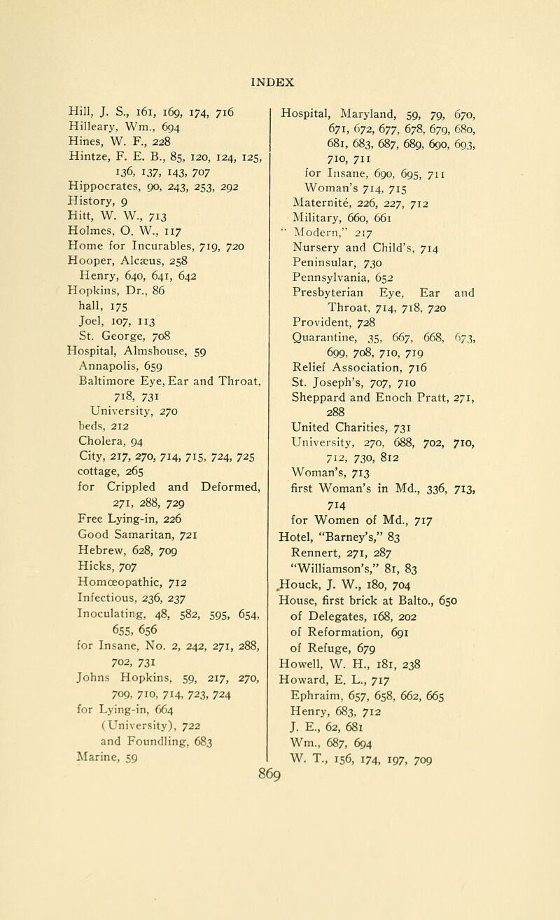 Hill, J. S., i6i, 169, 174, 716 Hilleary, Wm., 694 Hines, W. R, 228 Hintze, F. E. B., 85, 120, 124, 125, 136, 137, 143, 707 Hippocrates, 90, 243, 253, 292 History, 9 Hitt, W. W., 713 Holmes, O. W., 117 Home for Incurables, 719, 720 Hooper, Alcseus, 258 Henry, 640, 641, 642 Hopkins, Dr., 86 hall, 175 Joel, 107, 113 St. George, 708 Hospital, Almshouse, 59 Annapolis, 659 Baltimore Eye, Ear and Throat, 718, 731 University, 270 beds, 212 Cholera, 94 City, 217, 270, 714, 715, 724, 725 cottage, 265 for Crippled and Deformed, 271, 288, 729 Free Lying-in, 226 Good Samaritan, 721 Hebrew, 628, 709 Hicks, 707 Homoeopathic, 712 Infectious, 236, 237 Inoculating, 48, 582, 595, 654, 655, 656 for Insane, No. 2, 242, 271, 288, 702, 731 Johns Hopkins, 59, 217, 270, 709, 710, 714, 723, 724 for Lying-in, 664 (University), 722 and Foundling, 683 Marine, 59 Hospital, Maryland, 59, 79, 670, 671, 672, 677, 678, 679, 680, 681, 683, 687, 689, 690, 693, 710, 711 for Insane, 690, 695, 711 Woman's 714, 715 Maternite, 226, 227, 712 Military, 660, 661 ■■ ]\Iodern, 217 Nursery and Child's, 714 Peninsular, 730 Pennsylvania, 652 Presbyterian Eye, Ear and Throat, 714, 718, 720 Provident, 728 Quarantine, 35, 667, 668, 673, 699. 708, 710, 719 Relief Association, 716 St. Joseph's, 707, 710 Sheppard and Enoch Pratt, 271, 288 United Charities, 731 University, 270, 688, 702, 710, 712, 730, 812 Woman's, 713 first Woman's in Md., 336, 713, 714 for Women of Md., 717 Hotel, Barney's, 83 Rennert, 271, 287 Williamson's, 81, 83 ^Houck, J. W., 180, 704 House, first brick at Balto., 650 of Delegates, 168, 202 of Reformation, 691 of Refuge, 679 Howell, W. H., 181, 238 Howard, E. L., 717 Ephraim, 657, 658, 662, 665 Henry, 683, 712 J. E., 62, 681 Wm., 687, 694 W. T., 156, 174, 197, 709