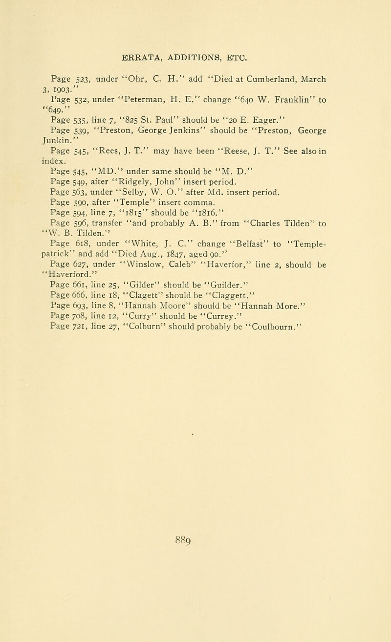 Page 523, under Ohr, C. H. add Died at Cumberland, March 3, 1903- Page 532, under Peterman, H. E, change 640 W. Franklin to 649. Page 535, line 7, 825 St. Paul should be 20 E. Eager. Page 539, Preston, George Jenkins should be Preston, George Junkin. Page 545, Rees, J. T. may have been Reese, J. T. See also in index. Page 545, MD.'' under same should be M. D. Page 549, after Ridgely, John insert period. Page 563, under Selby, W. O. after Md. insert period. Page 590, after Temple' insert comma. Page 594, line 7, 1815 should be 1816, Page 596, transfer and probably A. B. from Charles Tilden to W. B. Tilden. Page 618, under White, J. C. change Belfast to Temple- patrick and add Died Aug., 1847, aged 90.'' Page 627, under Winslow, Caleb Haverfor, line 2, should be Haverford. Page 661, line 25, Gilder should be Guilder. Page 666, line 18, Clagett should be Claggett. Page 693, line 8, Hannah Moore should be Hannah More. Page 708, line 12, '.'Curry should be Currey. Page 721, line 27, Colburn should probably be Coulbourn.