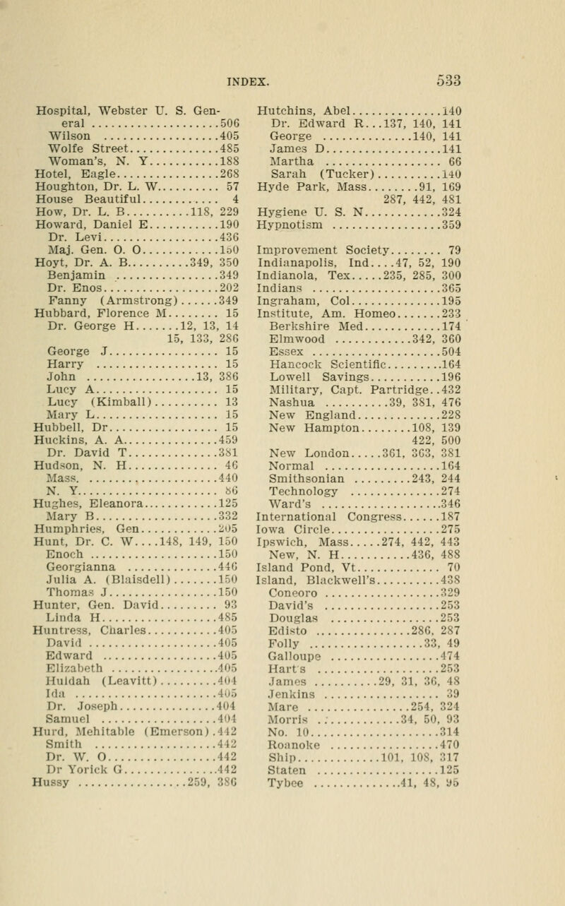 Hospital, Webster U. S. Gen- eral 50G Wilson 405 Wolfe Street 485 Woman's, N. Y 188 Hotel, Eagle 268 Houghton, Dr. L. W 57 House Beautiful 4 How, Dr. L. B 118, 229 Howard, Daniel E 190 Dr. Levi 436 Maj. Gen. O. 0 loO Hoyt. Dr. A. B 349, 350 Benjamin 349 Dr. Enos. 202 Fanny (Armstrong) 349 Hubbard, Florence M 15 Dr. George H 12, 13, 14 15, 133, 286 George J 15 Harry 15 John 13, 386 Lucy A 15 Lucy (Kimball) 13 Mary L 15 Hubbell, Dr 15 Huckins, A. A 459 Dr. David T 381 Hudson, N. H 46 Mass 440 N. Y 8G Hughes, Eleanora 125 Mary B 332 Humphries, Gen k;05 Hunt, Dr. C. W 148, 149, 150 Enoch 150 Georgianna 446 Julia A. (Blaisdell) 150 Thomas J 150 Hunter, Gen. David 93 Linda H 485 Huntress, Charles 405 David 405 Edward 405 Elizabeth 405 Huldah (Leavitt) 404 Ida 405 Dr. Joseph 404 Samuel 404 Hurd, Mehitable (Emerson) .442 Smith 442 Dr. W. 0 442 Dr Yorick G 442 Hussy 259, 386 Hutchins, Abel 140 Dr. Edward R...137, 140, 141 George 140, 141 James D 141 Martha 66 Sarah (Tucker) 140 Hyde Park, Mass 91, 169 287, 442, 481 Hygiene U. S. N 324 Hypnotism 359 Improvement Society 79 Indianapolis, Ind 47, 52, 190 Indianola, Tex 235,285,300 Indians 365 Ingraham, Col 195 Institute, Am. Homeo 233 Berkshire Med 174 Elmwood 342, 360 Essex 504 Hancock Scientific 164 Lowell Savings 196 Military, Capt. Partridge. .432 Nashua 39, 381, 476 New England 228 New Hampton 108, 139 422, 500 New London 361, 363, 381 Normal 164 Smithsonian 243, 244 Technology 274 Ward's 346 International Congress 187 Iowa Circle 275 Ipswich, Mass 274,442,443 New, N. H 436, 488 Island Pond, Vt 70 Island, Blackwell's 438 Coneoro 329 David's 253 Douglas 253 Edisto 286, 287 Folly 33, 49 Galloupe 474 Harts 253 James 29, 31, 36, 48 Jenkins 39 Mare 254, 324 Morris 34. 50, 93 No. 10 314 Roanoke 470 Ship 101, 108, 317 Staten 125 Tybee 41, 48, 95
