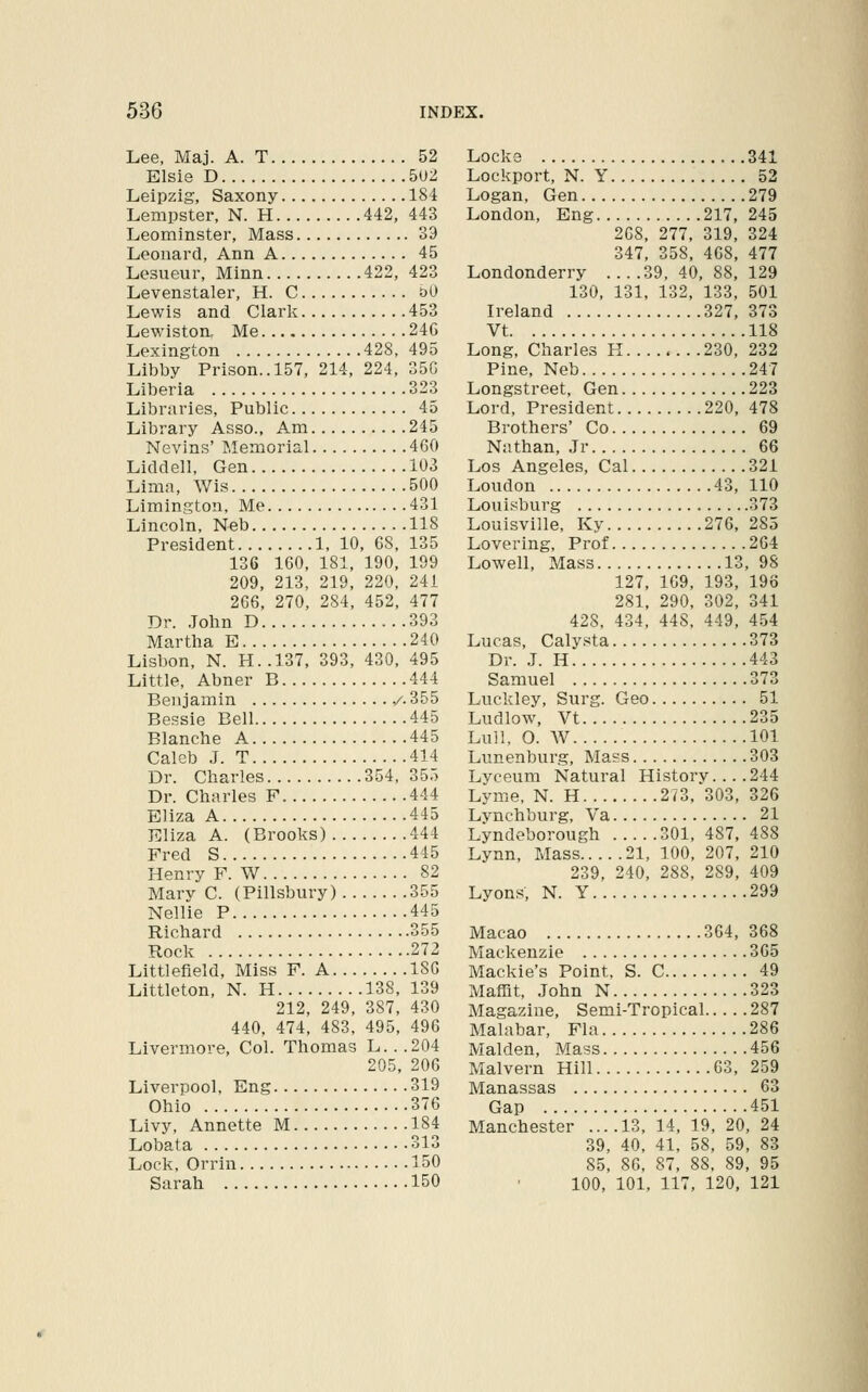 Lee, Maj. A. T 52 Elsie D 5U:i Leipzig, Saxony 184 Lempster, N. H 442, 443 Leominster, Mass 39 Leonard, Ann A 45 Lesueur, Minn 422, 423 Levenstaler, H. C bO Lewis and Claris 453 Lewiston, Me 24G Lexington 428, 495 Libby Prison.. 157, 214, 224, 35G Liberia 323 Libraries, Public 45 Library Asso., Am 245 Nevins' Memorial 460 Liddell, Gen 103 Lima, Wis 500 Limington, Me 431 Lincoln, Neb US President 1. 10, GS, 135 136 160, 181, 190, 199 209, 213, 219, 220, 241 266, 270, 284, 452, 477 Dr. John D 393 Martha B 240 Lisbon, N. H..137, 393, 430, 495 Little, Abner B 444 Benjamin ./. 355 Bessie Bell 445 Blanche A 445 Caleb J. T 414 Dr. Charles 354, 355 Dr. Charles F 444 Eliza A 445 Eliza A. (Brooks) 444 Fred S 445 Henry F. W 82 Mary C. (Pillsbury) 355 Nellie P 445 Richard 355 Rock 272 Littlefield, Miss F. A 18G Littleton, N. H 138, 139 212, 249, 387, 430 440, 474, 483, 495, 496 Livermore, Col. Thomas L...204 205, 206 Liverpool, Eng 319 Ohio 376 Livy, Annette M 184 Lobata 313 Lock, Orrin 150 Sarah 150 Locke 341 Lockport, N. Y 52 Logan, Gen 279 London, Eng 217, 245 268, 277, 319, 324 347, 358, 468, 477 Londonderry 39, 40, 88, 129 130, 131. 132, 133, 501 Ireland 327, 373 Vt 118 Long, Charles H ... .230, 232 Pine, Neb 247 Longstreet, Gen 223 Lord, President 220, 478 Brothers' Co 69 Nathan, Jr 66 Los Angeles, Cal 321 Loudon 43, 110 Louisburg 373 Louisville, Ky 276, 285 Lovering, Prof 2G4 Lowell, Mass 13, 98 127, 169, 193, 198 281, 290, 302, 341 428, 434, 448, 449, 454 Lucas, Calysta 373 Dr. J. H 443 Samuel 373 Luckley, Surg. Geo 51 Ludlow, Vt 235 Lull, O. W 101 Lunenburg, Mass 303 Lyceum Natural History. .. .244 Lyme, N. H 273, 303, 326 Lvnchburg, Va 21 Lyndeborough 301, 487, 488 Lynn, Mass 21, 100, 207, 210 239, 240, 288, 289, 409 Lyons, N. Y 299 Macao 364, 368 Mackenzie 365 Mackie's Point. S. C 49 Maffit, John N 323 Magazine, Semi-Tropical 287 Malabar, Fla 286 Maiden, Mass 456 Malvern Hill 63, 259 Manassas 63 Gap 451 Manchester ....13, 14, 19, 20, 24 39, 40, 41, 58, 59, 83 85, 86, 87, 88, 89, 95 100, 101, 117, 120, 121