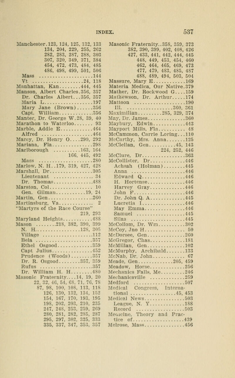 Manchester. 123, 124, 125, 132, 134, 204, 229, 255, 282, 283, 287, 288, 307, 320, 349, 371, 454, 472, 473, 484, 486, 498, 499, 501, Mass Vt ., 24, Manhattan, Kan 444, Manson, Albert Charles.356, Dr. Charles Albert. . .356, Maria L Mary Jane (Brown) Capt. William Manter, Dr. George W.28, 39, IMarathon to Waterloo Marble, Addie E Alfred Marcy, Dr. Henry 0 290, Mariana, Fla Marlborough 163, 166, 445, Mass Marlow, N. H..179, 319, 427, Marshall, Dr Lieutenant Dr. Thomas Marston, Col Gen. Gilman 19, Martin, Gen Martinsburg, Va Martyrs of the Race Course 219, Maryland Heights Mason 218, 382, 390, N. H 128, Village Bela Ethel Osgood Capt Julius Prudence (Woods) Dr. R. Osgood 357, Rufus Dr. William H. H Masonic Fraternity... .14, 19 22, 32, 40, 54. 08. 71, 76 87, 98, 100, 108, 113. 126, 130, 132, 134, 154, 167. 170. 193. 198, 202. 203, 210. 247, 248, 253, 2.59. 280. 281. 282, 285, 295. 297. 302. 325. 335, 337, 347, 353. 133 Masonic Fraternity..358, 359, 373 262 382, 390, 399, 402, 408, 426 303 427, 433, 441, 442, 444, 445 384 448, 449, 453, 454, 460 485 462, 464, 465, 469, 473 506 477, 479, 483, 485, 487 144 488, 489, 494, 503, 504 118 Massure, Mary E 169 445 Materia Medica, Our Native.379 357 Mather, Dr. Rockwood G 159 357 Mathewson, Dr. Arthur 174 197 Mattoon 190 356 111 300, 361 356 Maximilian 285, 329, 374 40 May, Dr. James 360 93 Maybury. Edwin 443 464 Mayport Mills, Fla 48 464 McCammon. Carrie Loring...llO 292 McCarthy, Mrs. Anna 125 298 McClellan, Gen 45,143 164 224. 252, 446 492 McClure, Dr 363 280 McCoUi.ster, Dr 446 428 Achsah (Holman) 445 305 Anna 446 34 Edward Q 446 488 H. Hortcnse 446 10 Harvey Gray 446 24 John F 440 260 Dr. John Q. A 445 2 Lucretia 1 446 May Emma 446 293 Samuel 445 488 Silas 445 399 McCollom., Dr. Wm 302 305 McCoy, Jno H 50 112 McDorsee, Gen 260 357 McGregor, Chas 181 359 McMillan, Gen 102 452 McMurphy, Archibald 133 357 McNab, Dr. John 67 359 Meade, Gen 205, 459 357 Meadow, Horse 256 480 Mechanics Falls, Me 246 20 Mechanicsville 259 ,78 Medford 507 118 Medical Congress, Intenia- 152 tional 45, 453 195 Medical News 503 235 League, N. Y 188 269 Record 503 287 Meaicinc, Theory and Prac- 333 tice of 439 357 Melrose, Mass 456