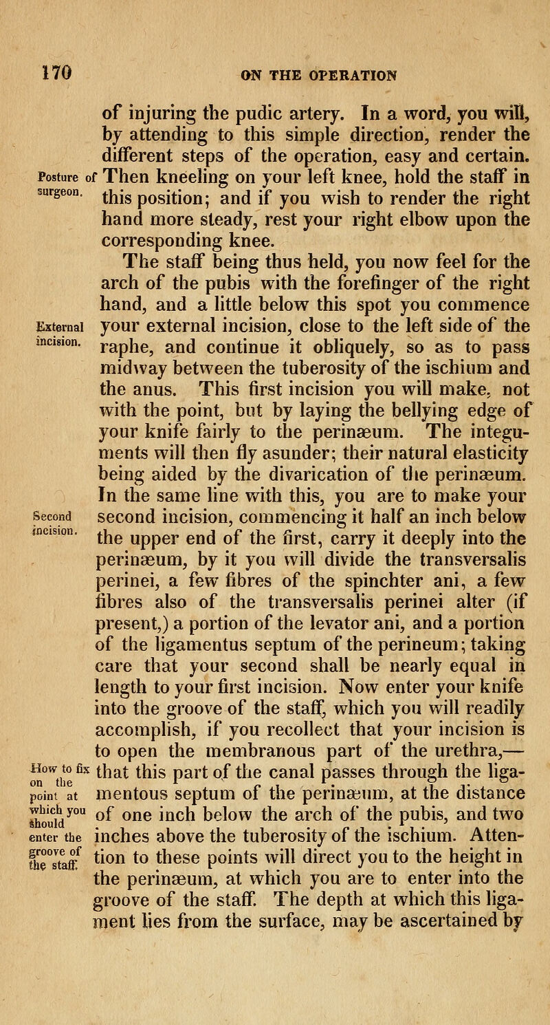 of injuring the pudic artery. In a word, you will, by attending to this simple direction, render the different steps of the operation, easy and certain. Posture of Then kneeling on your left knee, hold the staff in surgeon, this position; and if you wish to render the right hand more steady, rest your right elbow upon the corresponding knee. The staff being thus held, you now feel for the arch of the pubis with the forefinger of the right hand, and a little below this spot you commence External your external incision, close to the left side of the incision. raphej anc[ continue it obliquely, so as to pass midway between the tuberosity of the ischium and the anus. This first incision you will make, not with the point, but by laying the bellying edge of your knife fairly to the perinaeum. The integu- ments will then fly asunder; their natural elasticity being aided by the divarication of the perinasum. In the same line with this, you are to make your second second incision, commencing it half an inch below incision, ^g Upper en(j 0f tne first, carry it deeply into the perinagum, by it you will divide the transversalis perinei, a few fibres of the spinchter ani, a few fibres also of the transversalis perinei alter (if present,) a portion of the levator ani, and a portion of the ligamentus septum of the perineum; taking care that your second shall be nearly equal in length to your first incision. Now enter your knife into the groove of the staff, which you will readily accomplish, if you recollect that your incision is to open the membranous part of the urethra,— How to ex that this part of the canal passes through the liga- poim at mentous septum of the perinaeum, at the distance which you 0f one mch below the arch of the pubis, and two Should . . r» i • 1 • /v enter the inches above the tuberosity oi the ischium. Atten- fkTsTaff ti°n to tnese points will direct you to the height in the perinasum, at which you are to enter into the groove of the staff. The depth at which this liga- ment lies from the surface, may be ascertained by