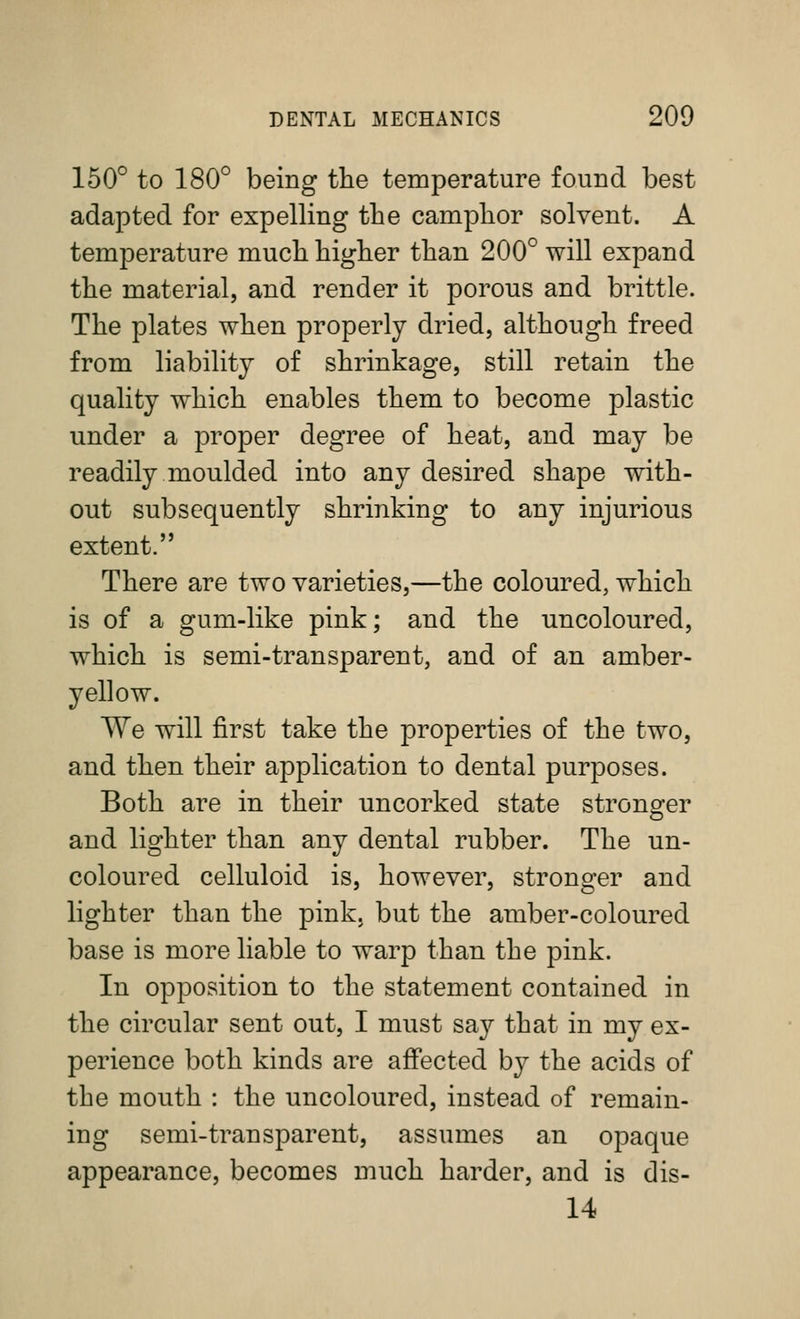 150° to 180° being the temperature found best adapted for expelling the camphor solvent. A temperature much higher than 200° will expand the material, and render it porous and brittle. The plates when properly dried, although freed from liability of shrinkage, still retain the quality which enables them to become plastic under a proper degree of heat, and may be readily moulded into any desired shape with- out subsequently shrinking to any injurious extent. There are two varieties,—the coloured, which is of a gum-like pink; and the uncoloured, which is semi-transparent, and of an amber- yellow. We will first take the properties of the two, and then their application to dental purposes. Both are in their uncorked state stronger and lighter than any dental rubber. The un- coloured celluloid is, however, stronger and lighter than the pink, but the amber-coloured base is more liable to warp than the pink. In opposition to the statement contained in the circular sent out, I must say that in my ex- perience both kinds are affected by the acids of the mouth : the uncoloured, instead of remain- ing semi-transparent, assumes an opaque appearance, becomes much harder, and is dis- 14
